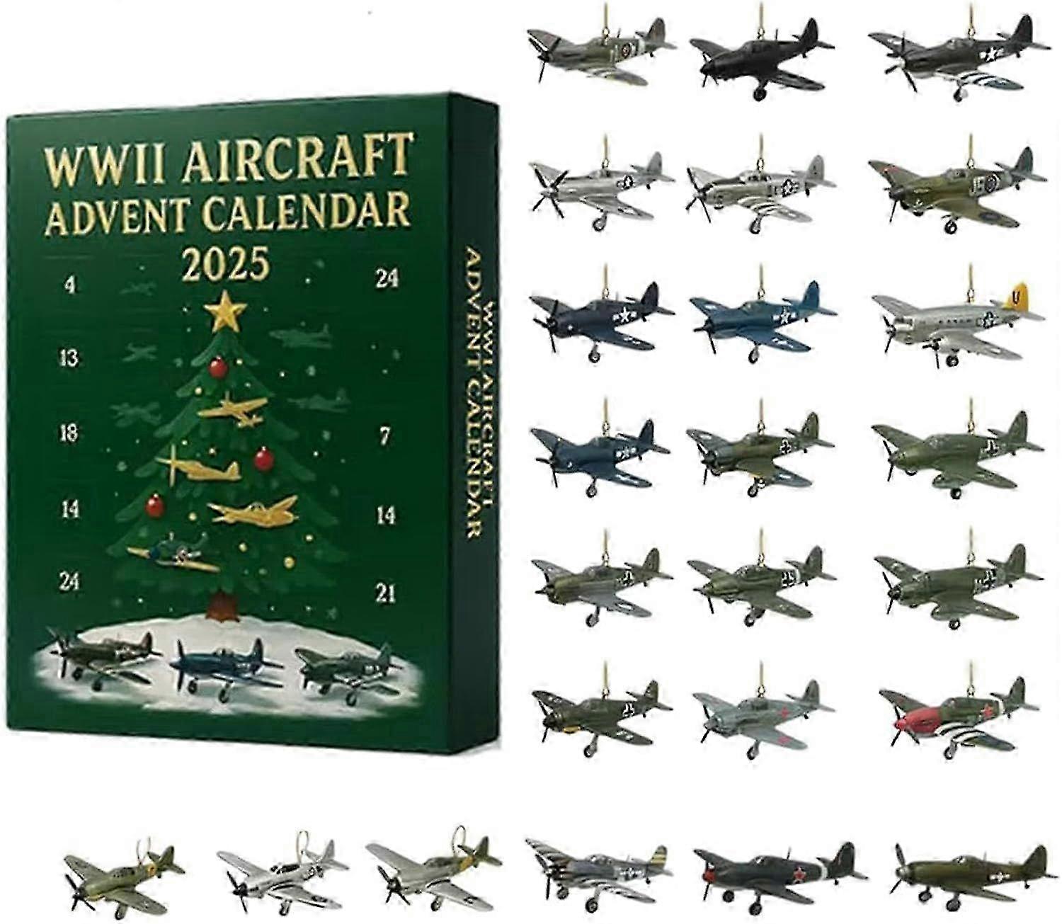 WWII Aircraft coming Calendar 2025 Aviation Christmas Countdown with 24 Mini 2D Acrylic Fighter Jet Ornaments Warbird Pendants for Tree Decor Col