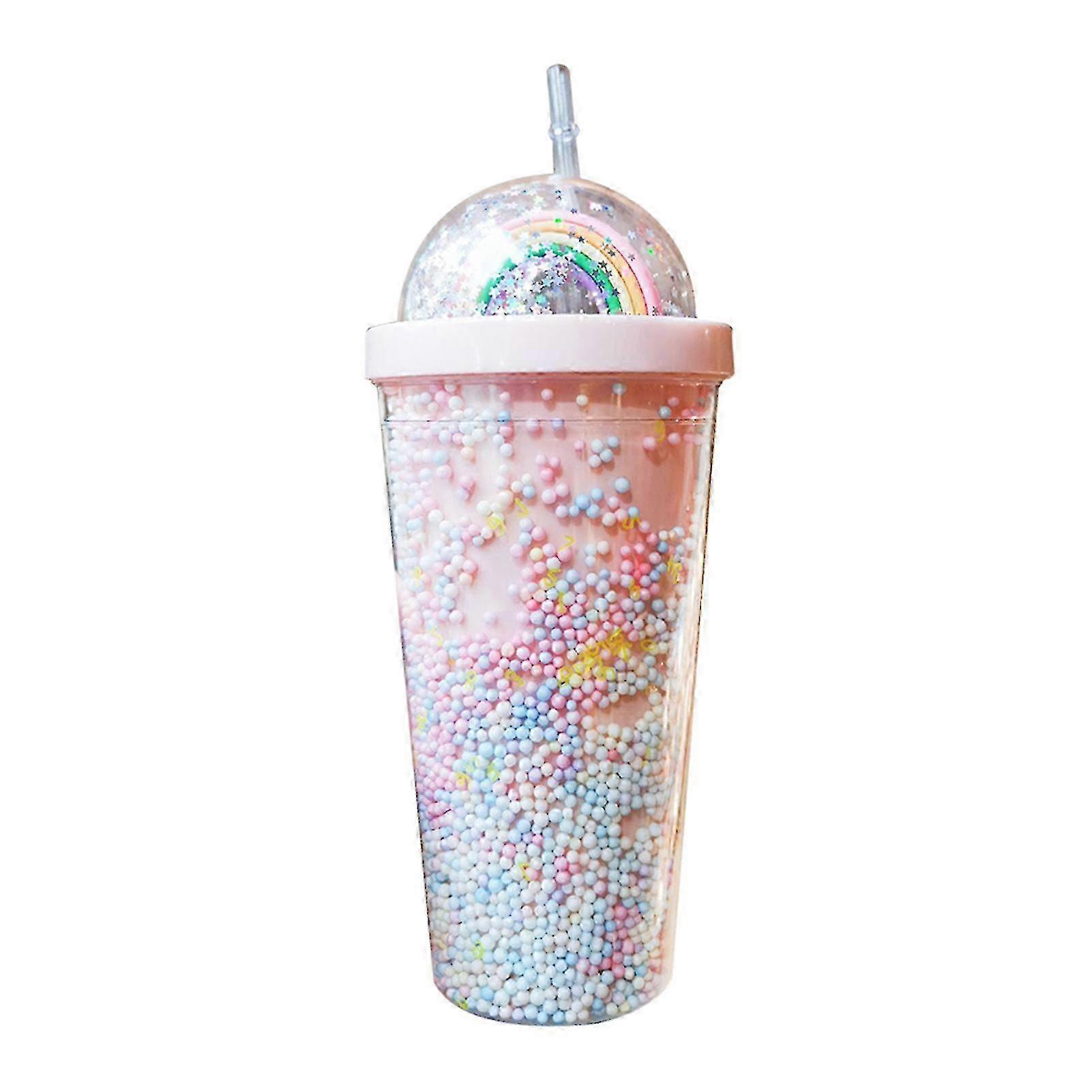Plastic Cups With Lids Straws Rainbow Decor 2-layer Cups 550ml For Iced Beverage