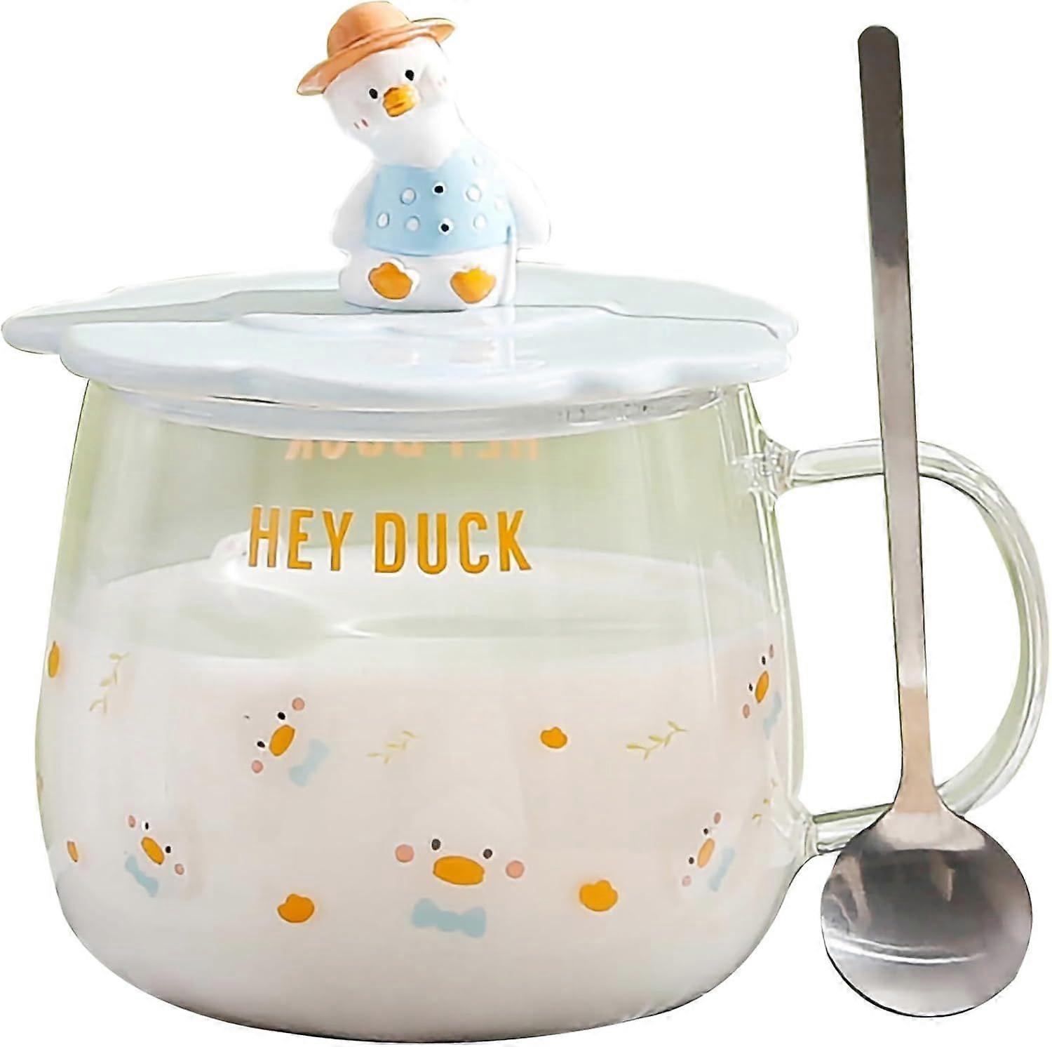18.3 Ounce Large Clear Coffee Cup - Cute Duck Design Water Mug with Lid and Spoon, Leak-Proof Transparent Cup for Daily Use (Blue)