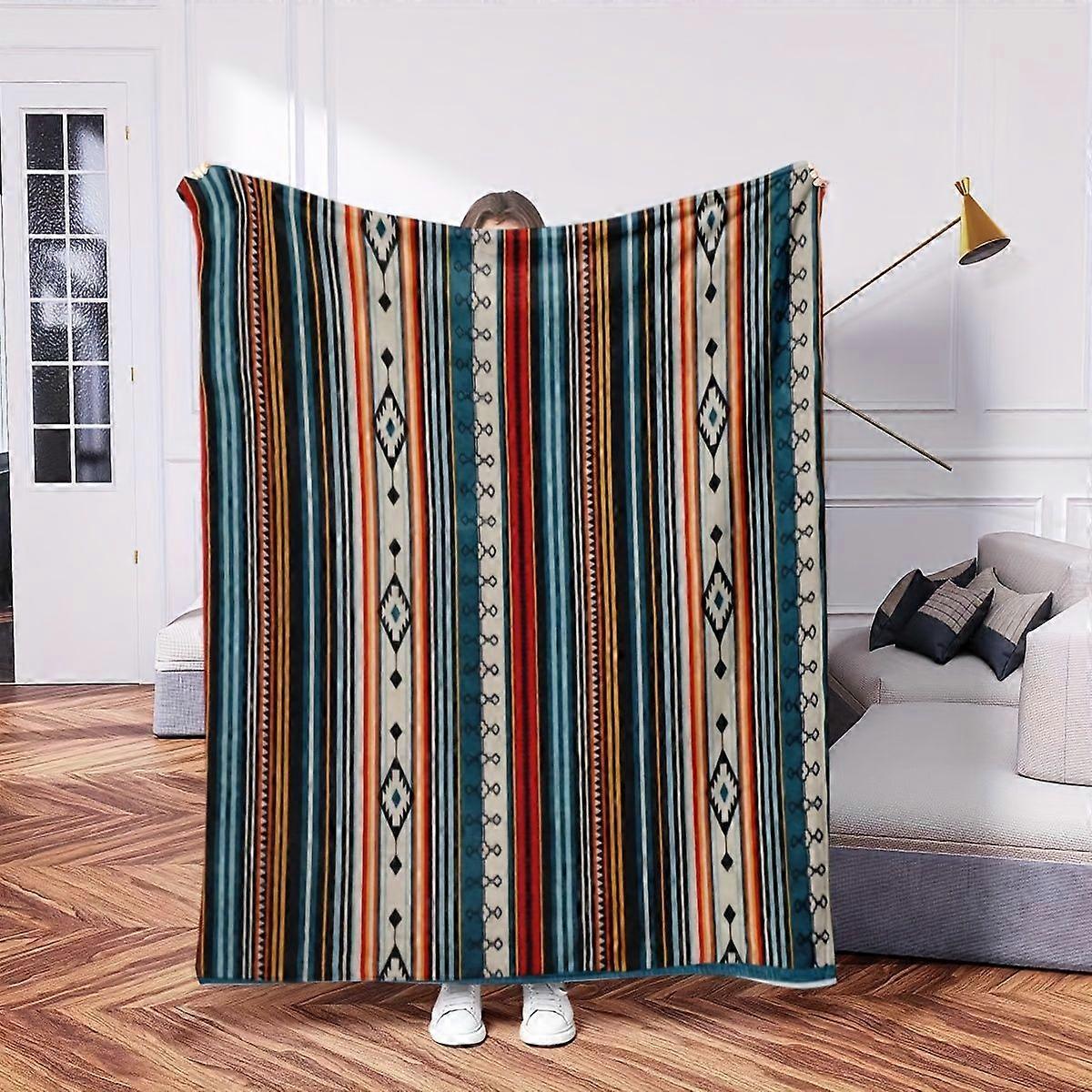 Bohemian Double-Layer Striped Flannel Blanket - Thick & Warm All-Season Aztec Geometric Pattern Throw, Hypoallergenic An-OLKJS425