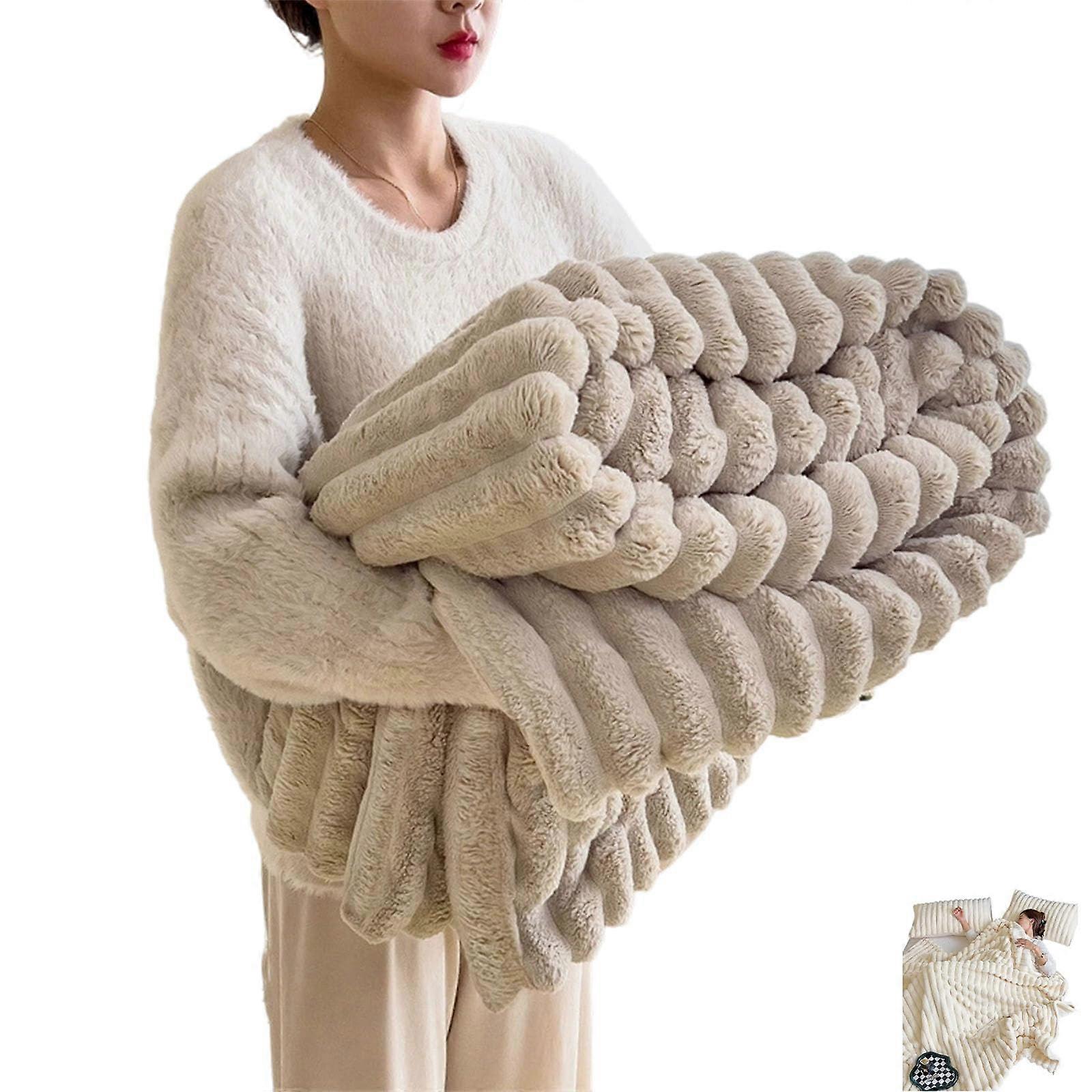 Rabbit Plush Blanket Khaki 39.3x59.1in UltraSoft DoubleLayered Warm Cozy Bed and Couch Throw