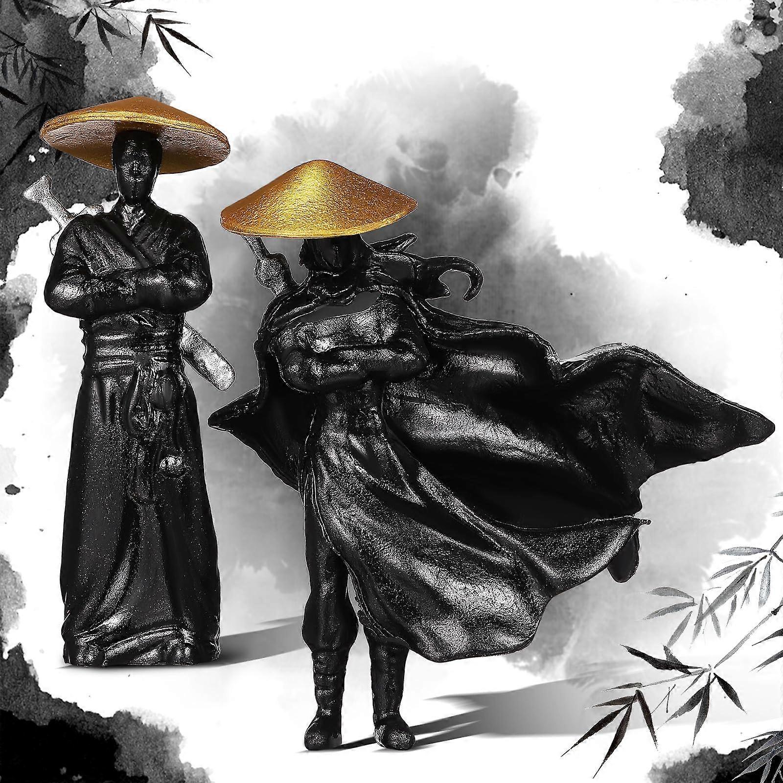 2pcs Ancient Chinese Warrior Figurines Resin Miniatures with Intricate Details for Desk or Terrarium