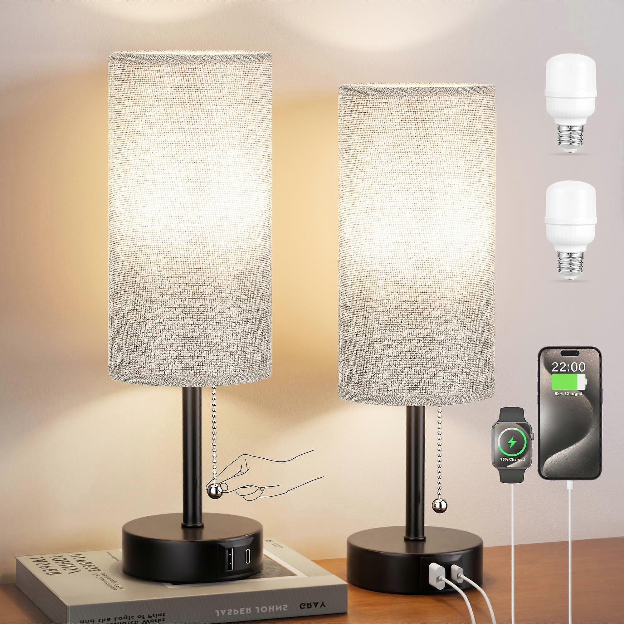 Grey Bedside Table Lamps Set of 2 with USB A+C Charging, 3 Color Temps, Modern Minimalist Design