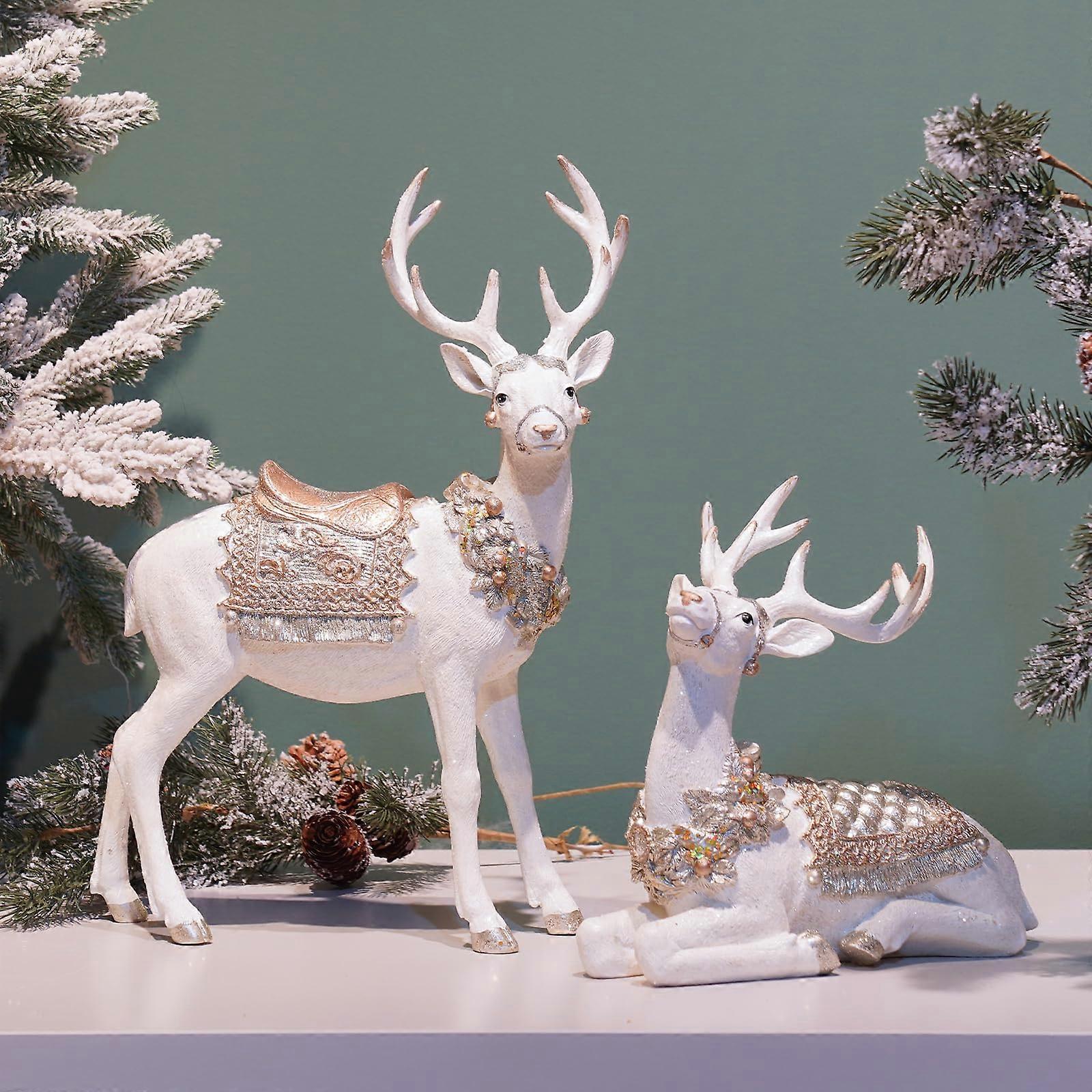 Christmas Reindeer Decorations Set of 2 Cream Deer Figurines with Realistic Design for Holiday Decor