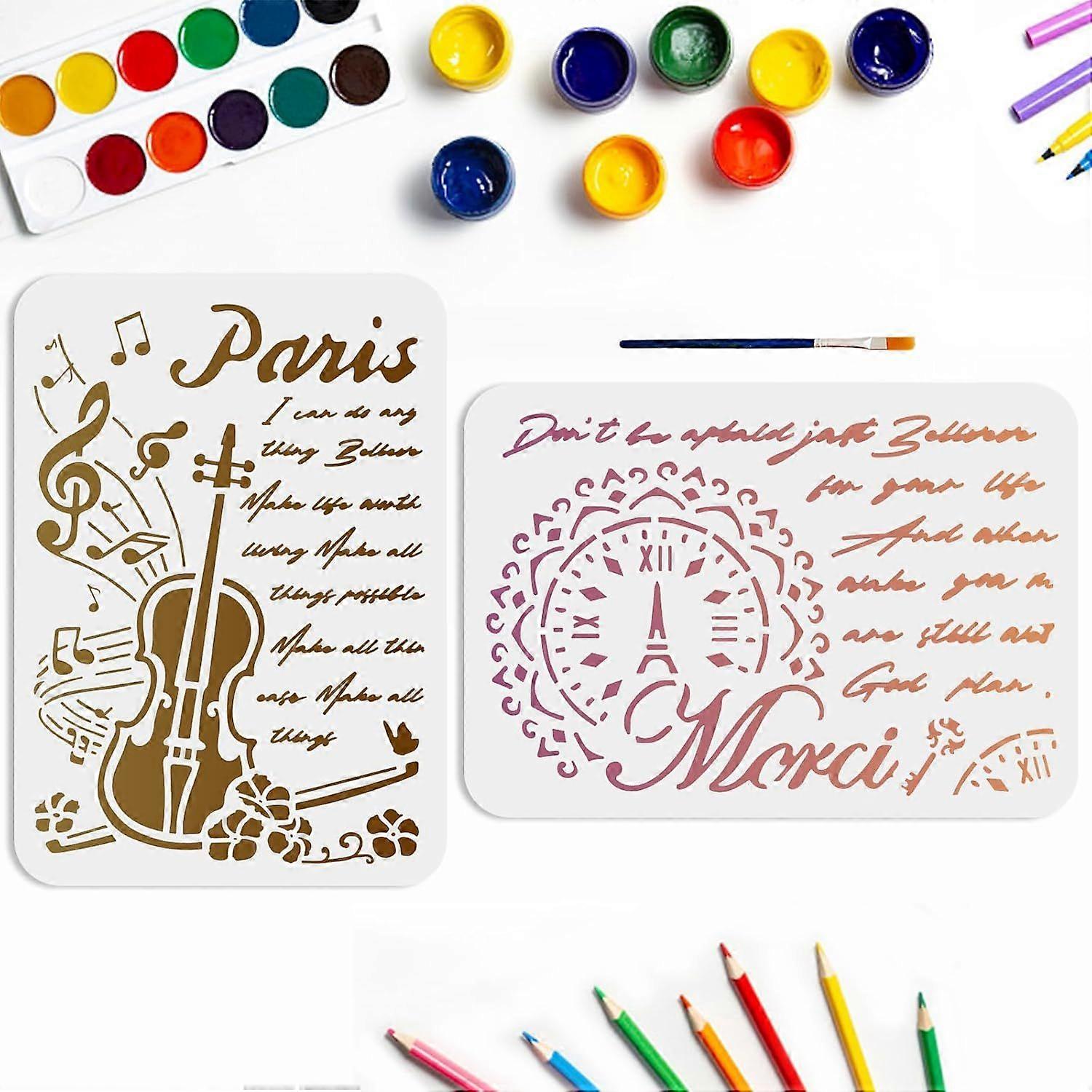 2pcs Travel Music Word Stencils Cello Music Note Stencils Retro Clock Paris Pattern 11.78.3inch with Paint Brush Resuable Motivational Word Templates 