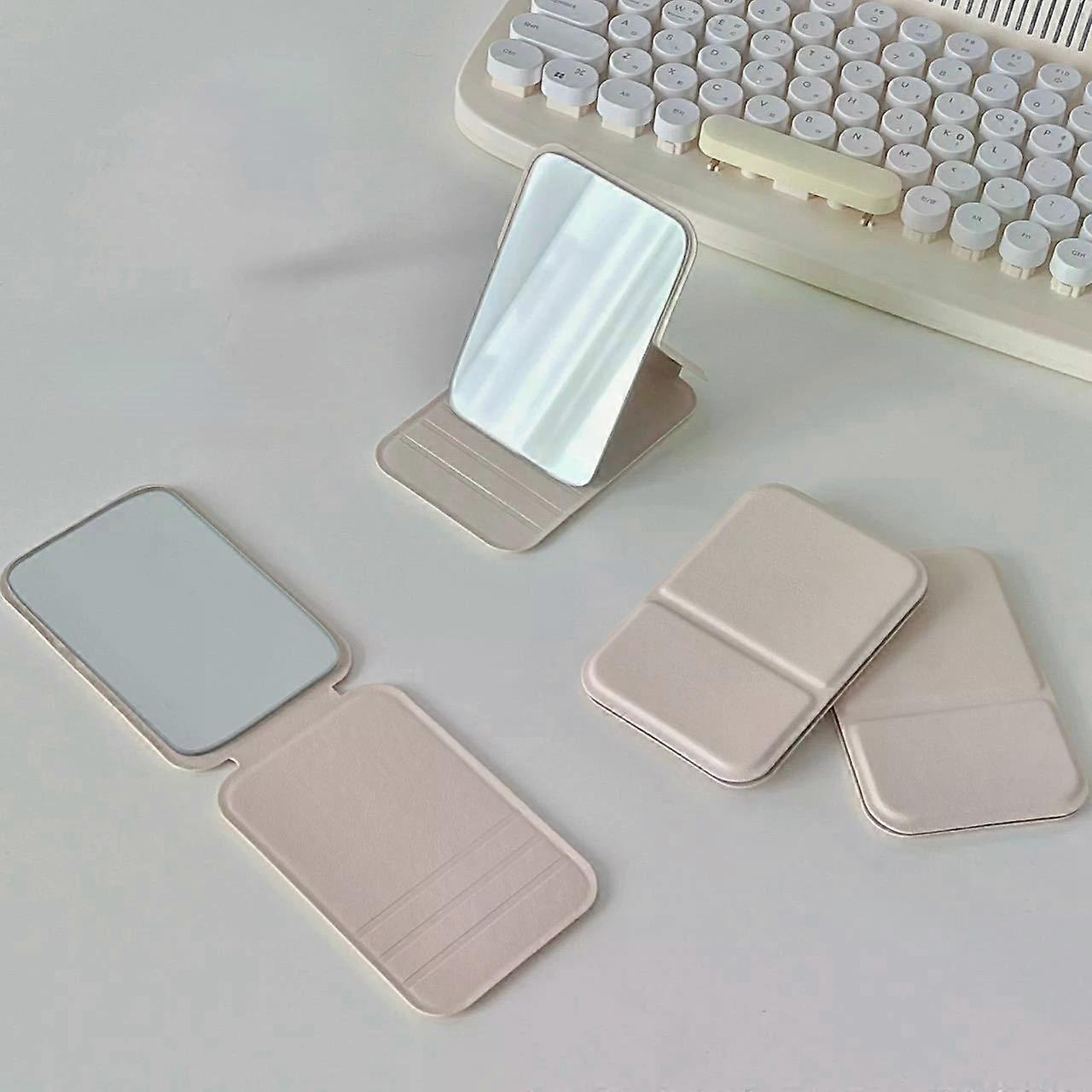 Desktop Makeup Mirror Solid Color PU Leather Simple Portable Handheld Makeup Mirror Foldable Student Compact Cute Pocket Mirror