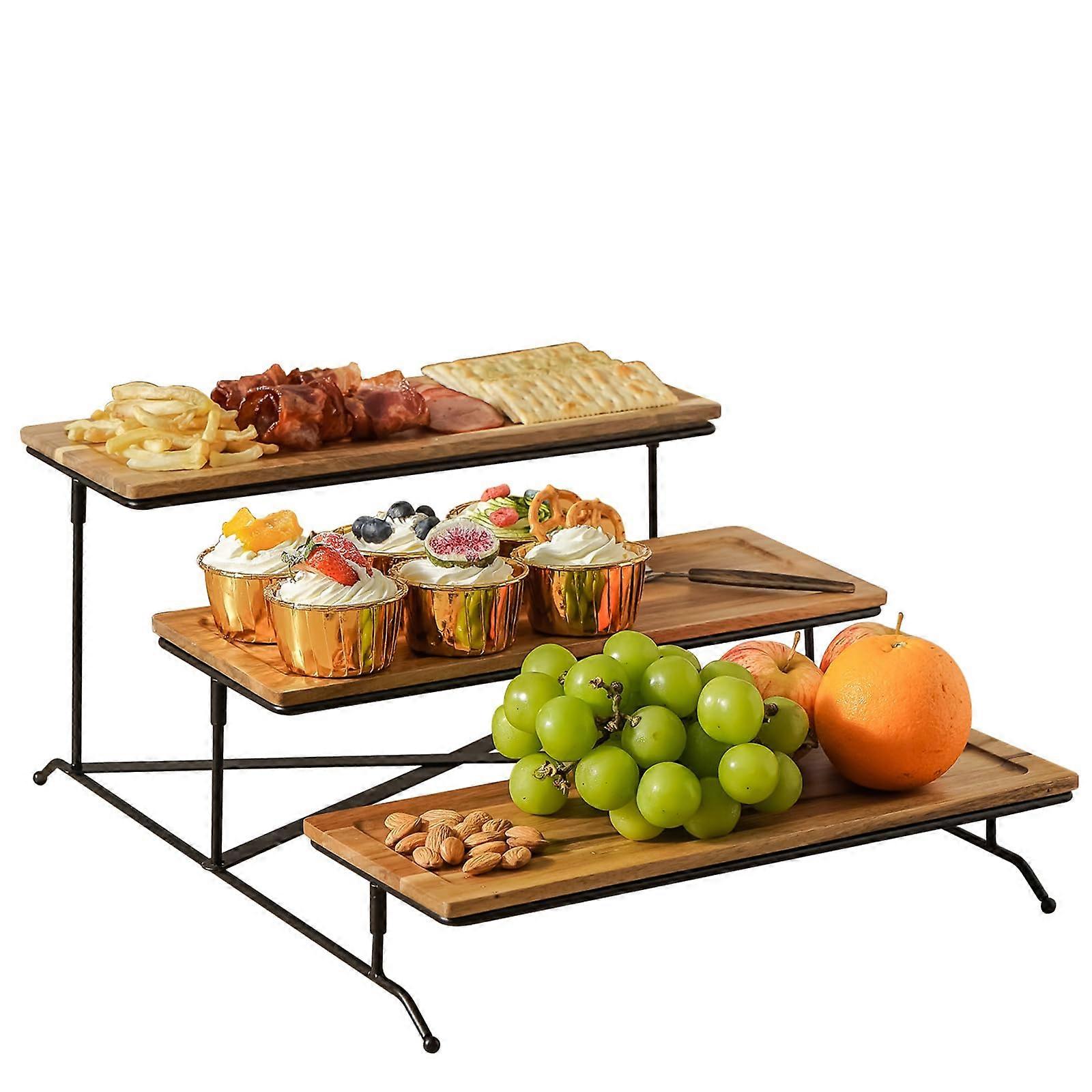 Three Tier Wooden Serving Stand with 14 Inch Rectangular Platters, Collapsible Metal Display Rack for Parties