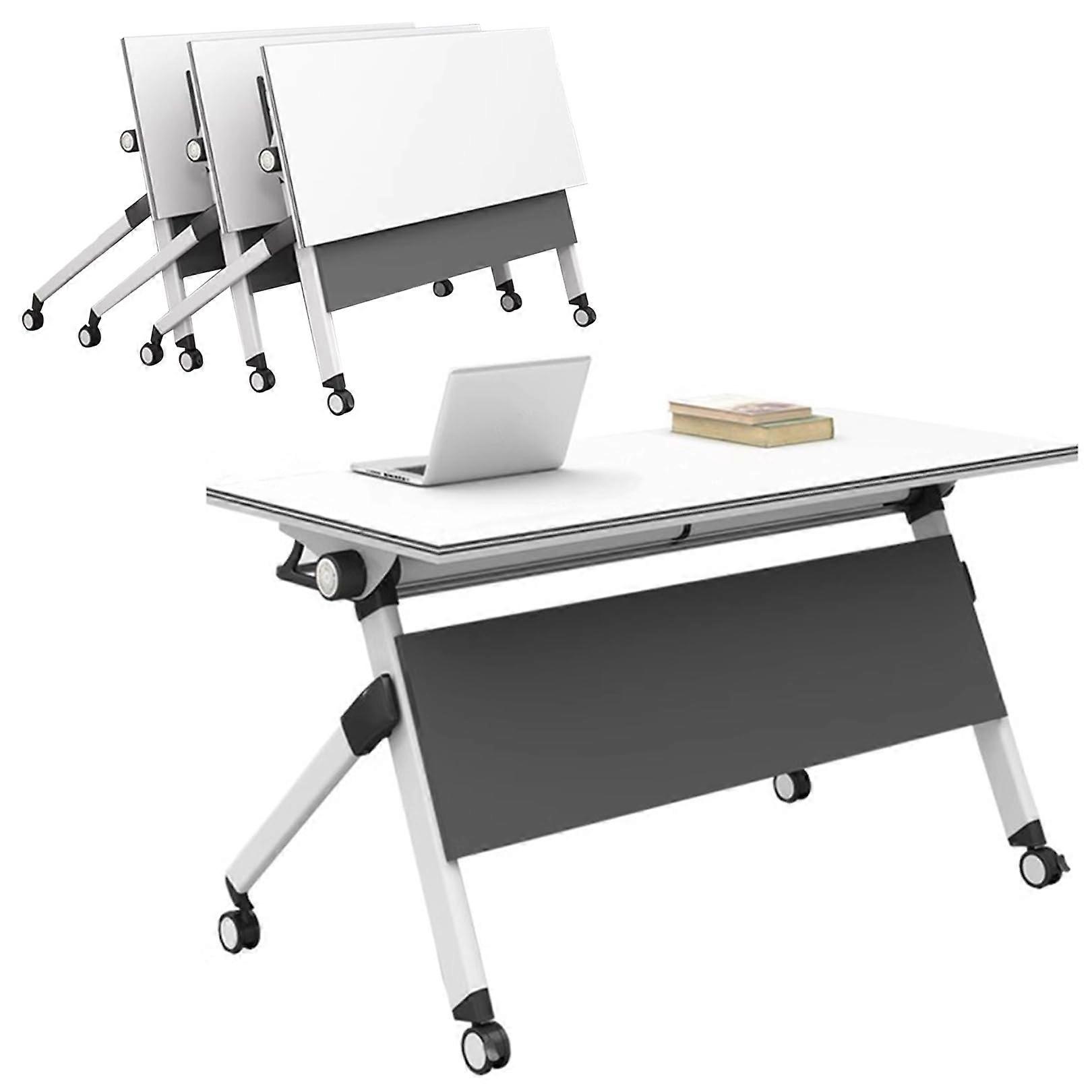 Folding Conference Table with Wheels, SpaceSaving White Mobile Office Desk for Meetings and Training
