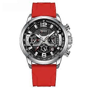 OFNS Men's Chronograph Watch with Red Silicone Strap - Tachymeter & Multiple Functions