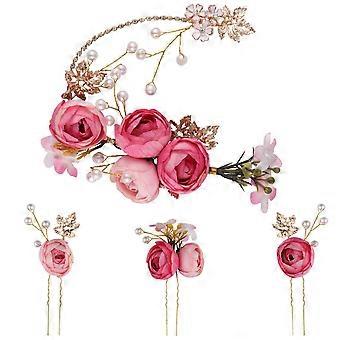 Conjunto de 4 presilhas decorativas para cabelo com strass, formato floral, rosa, em tecido, com pérolas douradas, para decoração de cabelo e casamentos.