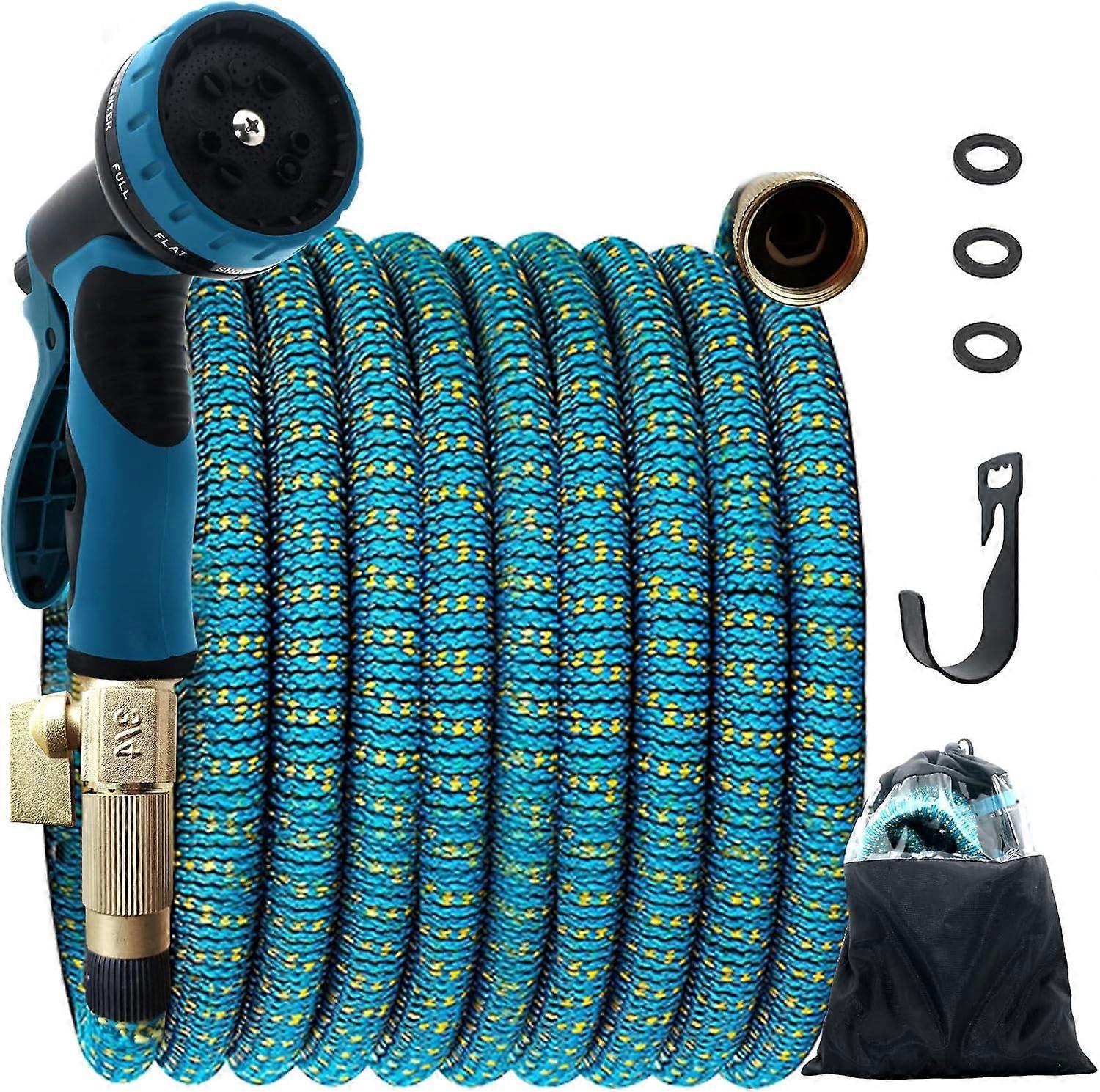 15-meter telescopic hose, flexible hose, with 10-function nozzle, solid brass connector.