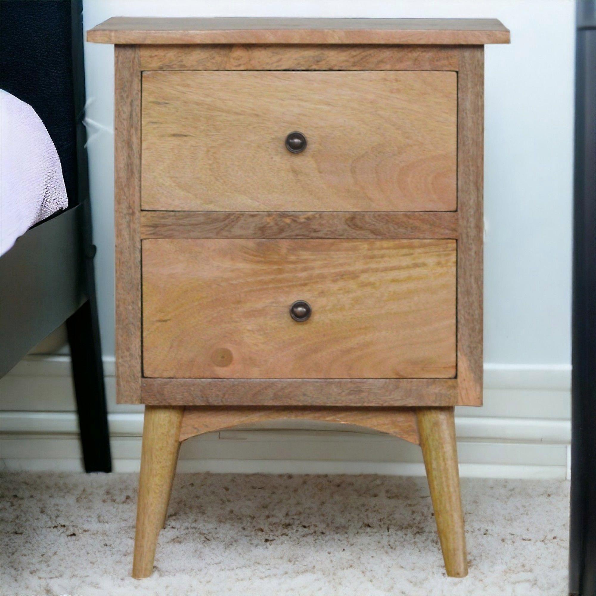 Solid Wood Nordic Style Bedside, 2 Drawers, Brown