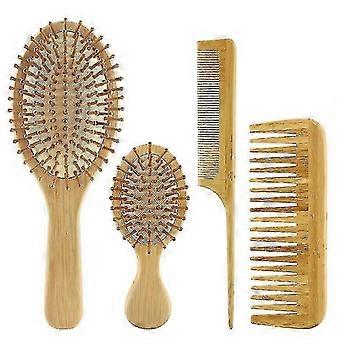 4 Piece Bamboo Hair Brush And Comb Set With Paddle Detangling Hairbrush Natural Wide-tooth And Tail Comb No Bristle, Suit For Women Men And Kids Thick