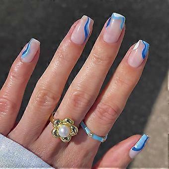 24-pack French False Nails Short - Almond Square Press-on Nails - Full Coverage Acrylic False Nails With Adhesive - French False Nail Stickers (shikai