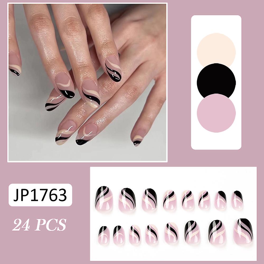 24pcs Glossy False Nails Black White Wave Lines Fake Nails