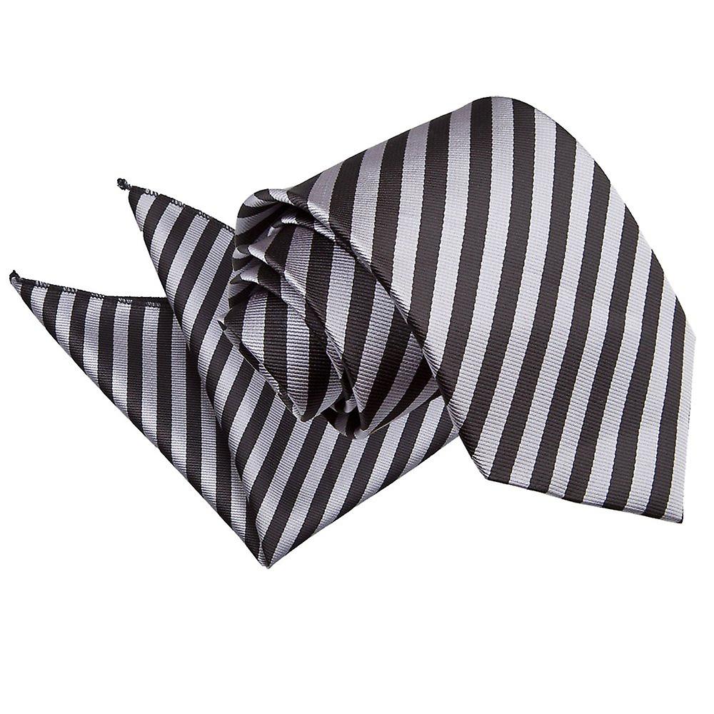 Black and Grey Thin Stripe Tie and Pocket Square Set