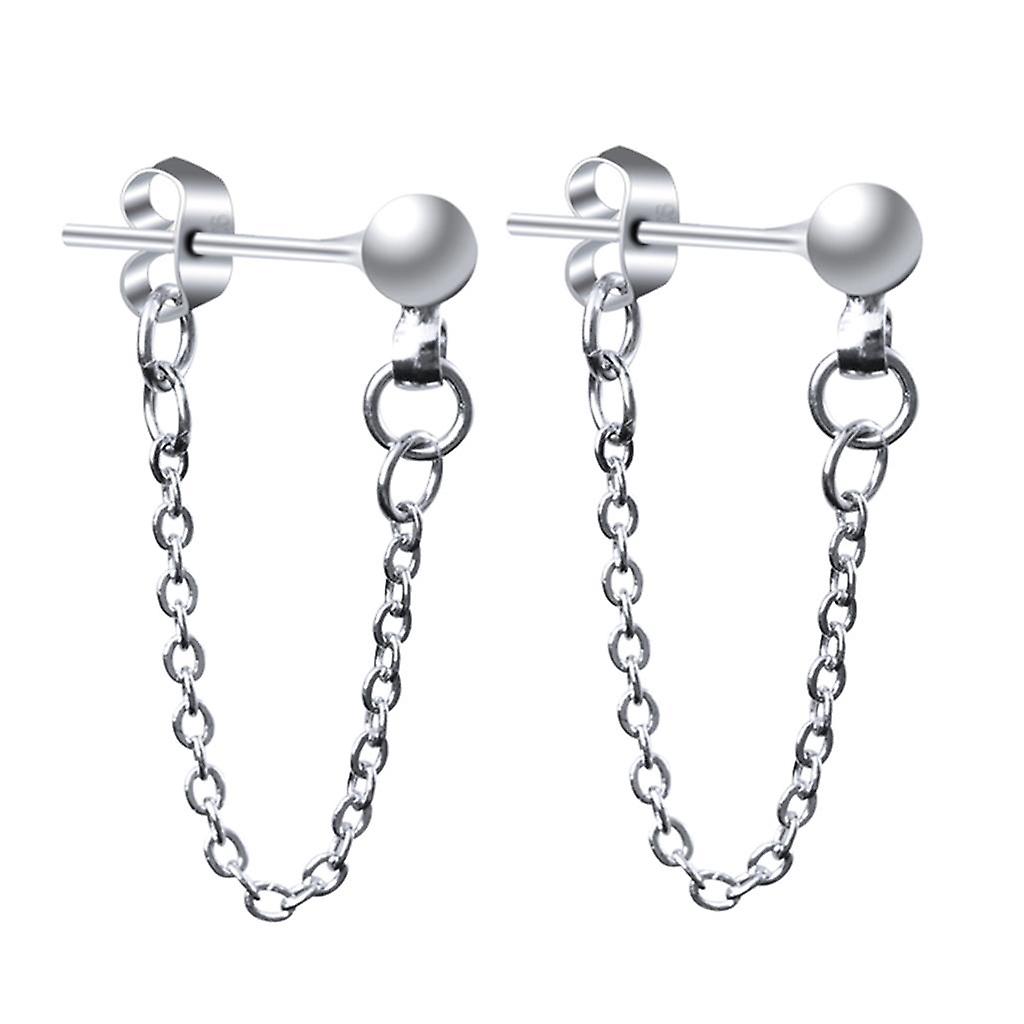 Stainless Steel Round Ball Stud Earring with Tassel Chain Dangle Earring