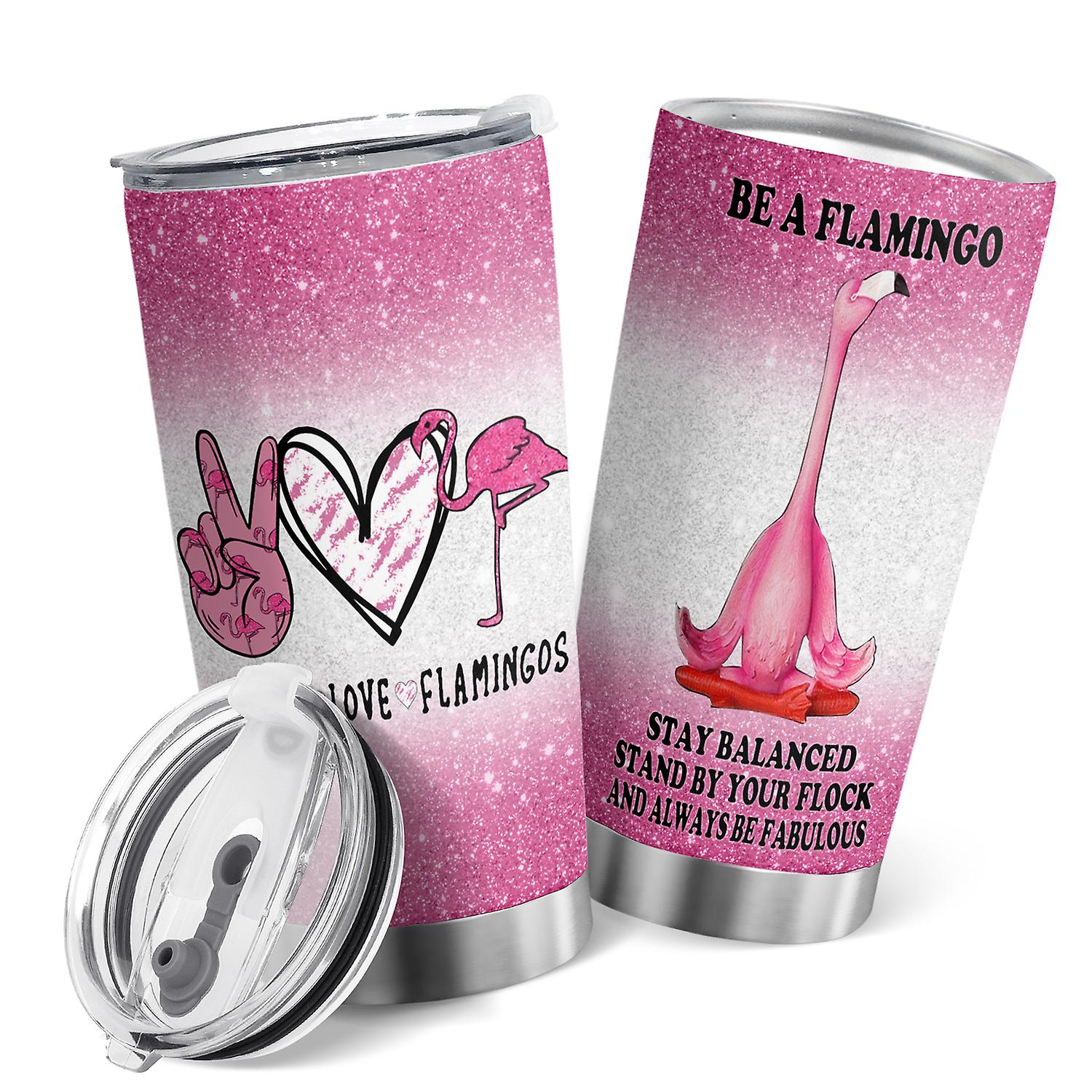 Oasisdream 20oz Sevimli Flamingo Baskılı Paslanmaz Çelik Yalıtımlı Kapaklı Çift Duvar Bardak