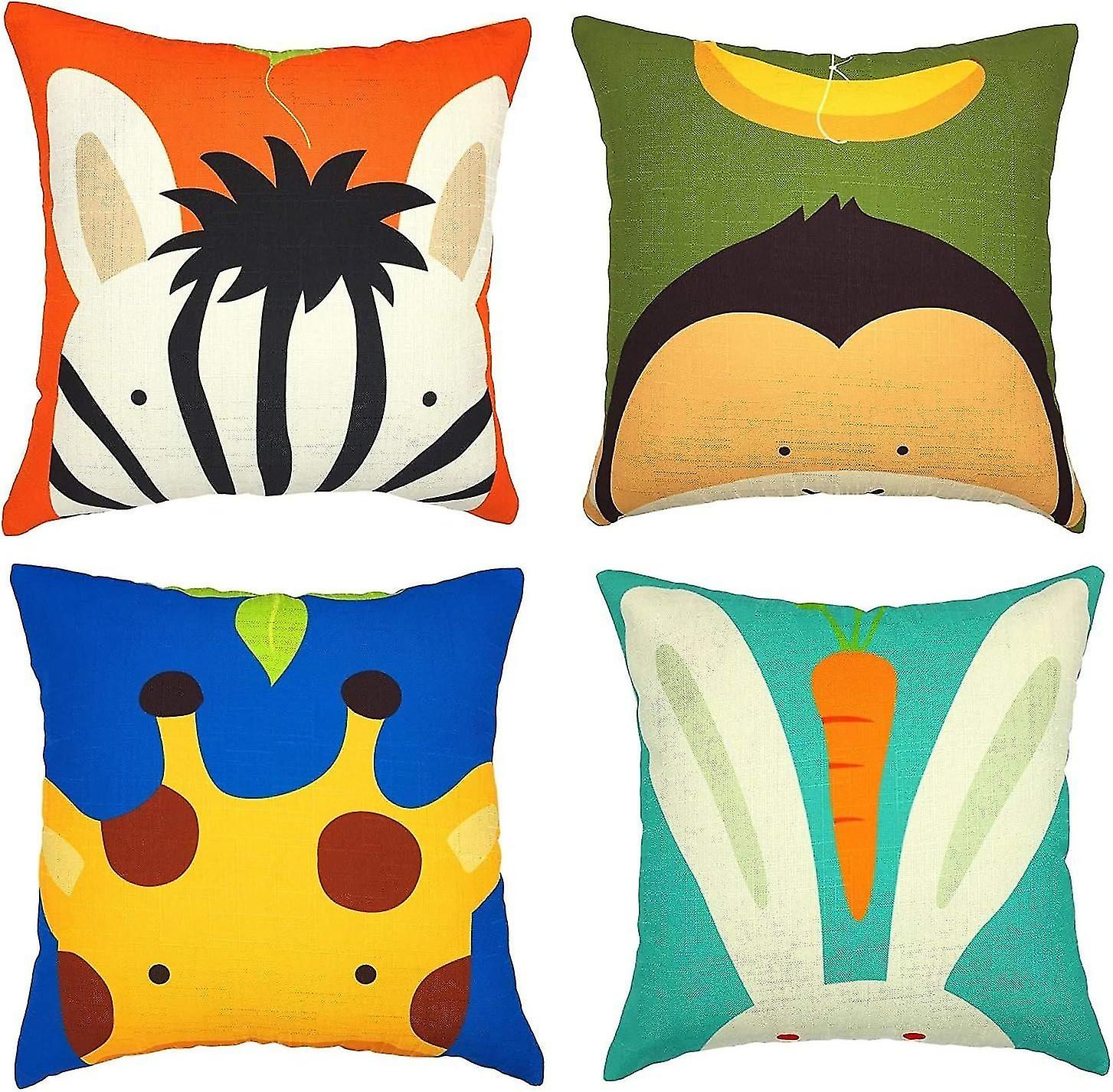 4 Pieces Cotton and Linen Print Childrens Cartoon Zebra Rabbit Monkey Giraffe Square Cushion Cover S