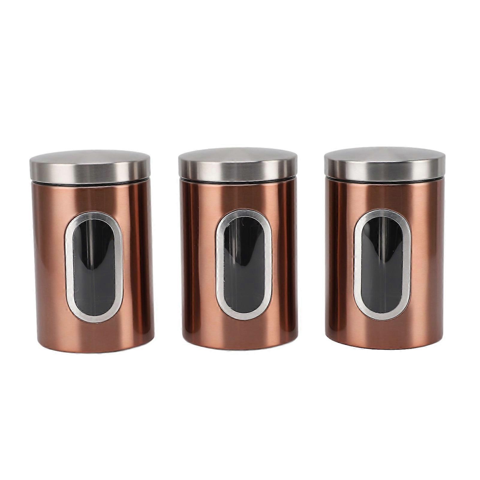 Set of 3 Stainless Steel Airtight Canisters with Visible Window, Coffee Containers for Kitchen, Mixed Cereal, Food, Bronze