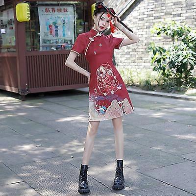 Ins Red Blue Loose New Fashion Modern Chinese Cheongsam A-line Dress Women  3/4 Sleeve Qipao Traditional Chinese Clothes Wine Red Cheongsam
