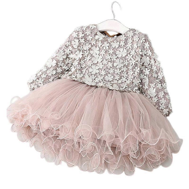 Kız Çocuk Uzun Kollu Elbiseler Çocuk Prenses Elbiseleri Petal Mesh Kabarık Elbiseler