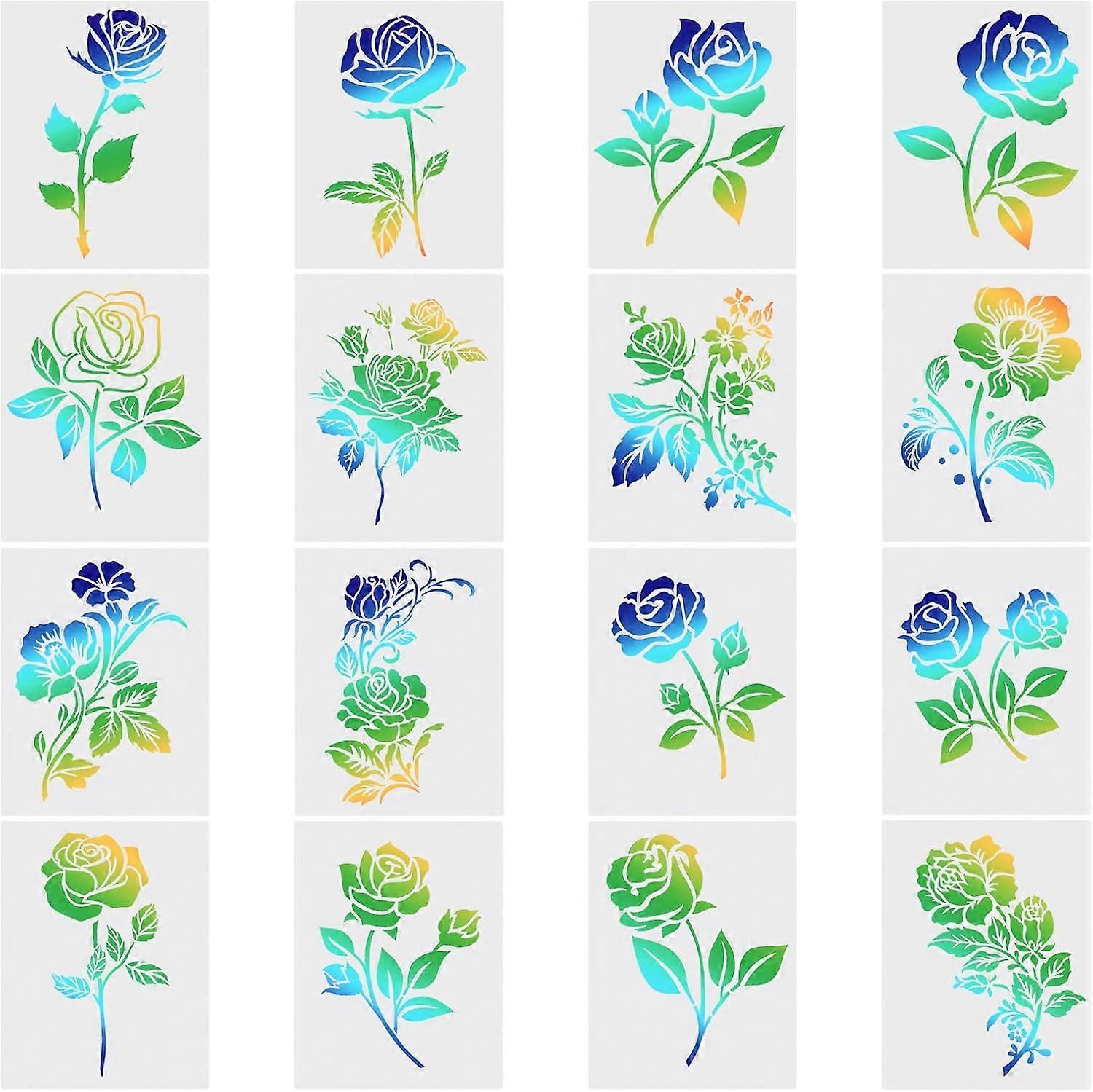 16PCS 16 Styles 7.8 x 5.8 Rose Stencils Flower Drawing Stencil Large Floral Painting Stencils Reusable Plastic Art Templates Flowers DIY Crafts Stenci