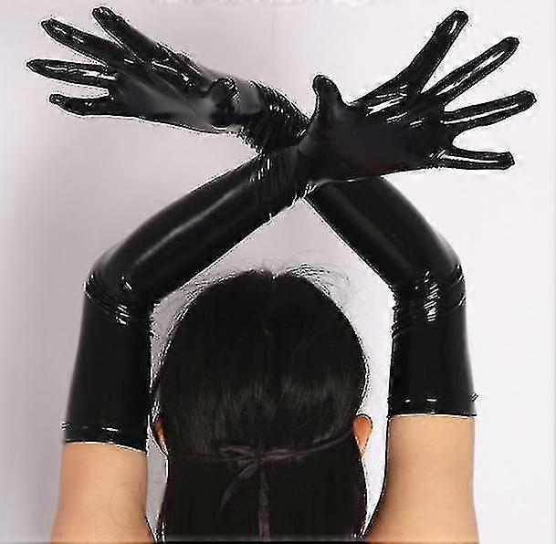 Gants longs noirs pour femmes Gants à look mouillé Gants élastiques brillants noirs d’opéra