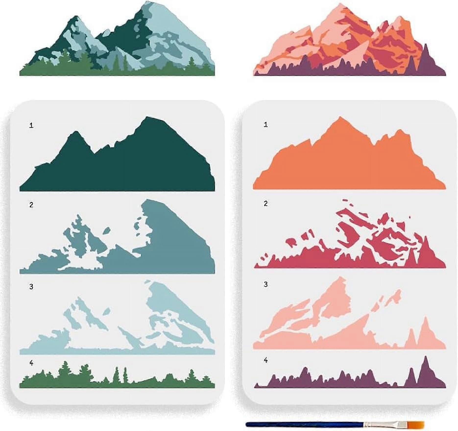 2pcs Layered Mountain Stencil Large Nature Mountain Forest Stencil Template with Paint Brush Reusable Tree Drawing Templates
