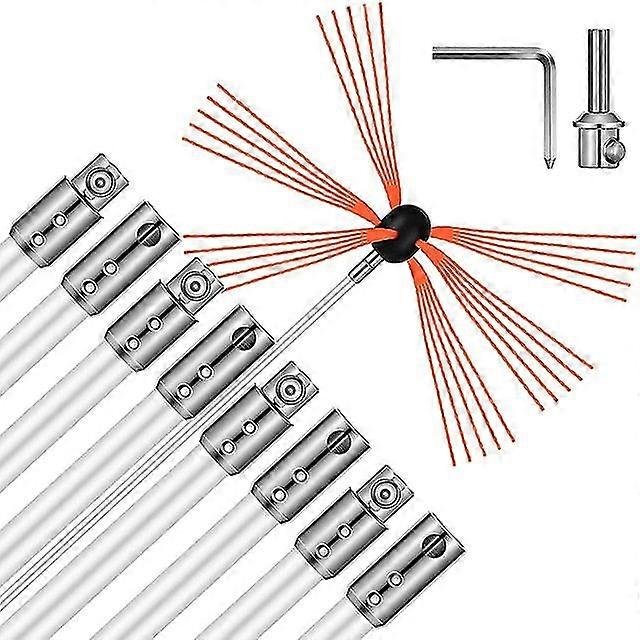 Chimney cleaning brush tool kit and 8 flexible rods snap locking 45 degree angle by drill for fireplace flue home