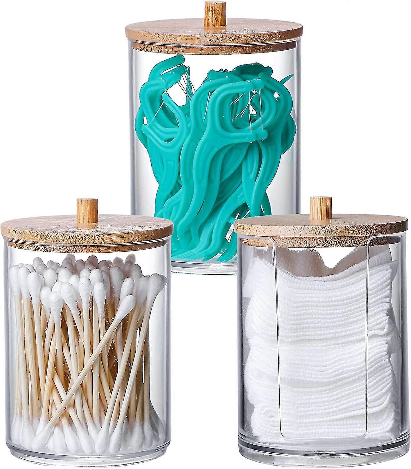 Portable Clear Round Cotton Swab Jar With Bamboo Lid 3 Pieces