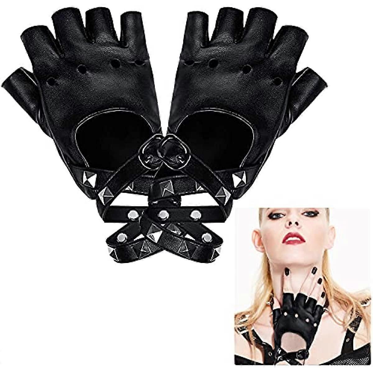Studded Punk Gloves Fingerless Leather Gloves Women PU Cycling