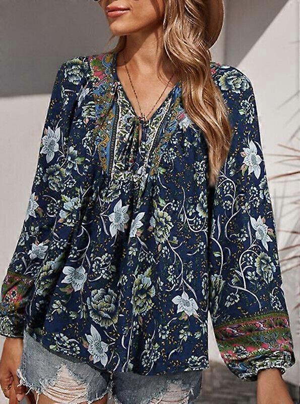 Kvinnor Blommig Boho Baggy Blus Långärmad Skjorta Semester Tunika Toppar Plus Size