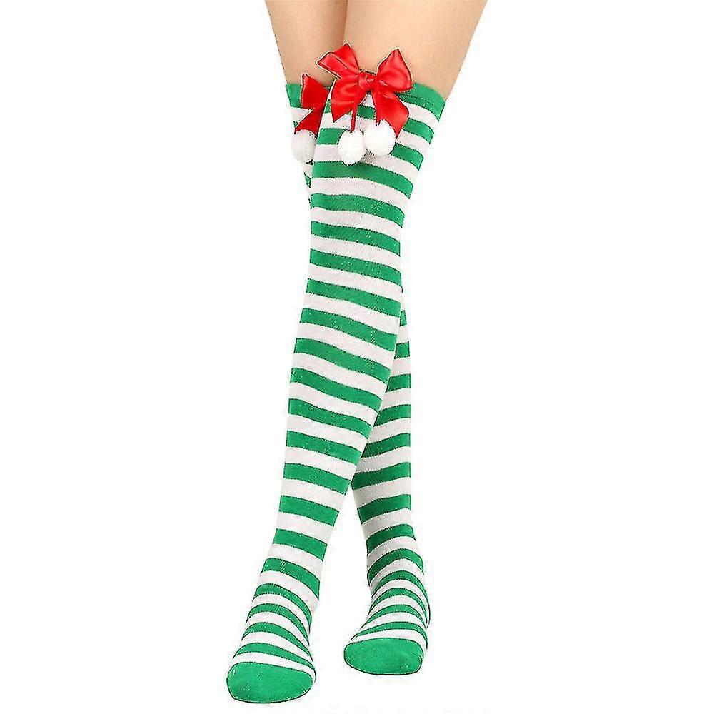 Natale Donne Ragazze a righe / semplice sopra il ginocchio calzini Xmas Elf Fancy Dress Cosplay Calzini a fiocco