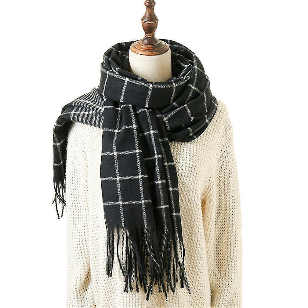 Black Plaid Warm Shawls and Wraps with Tassel Large Sized Poncho for Lady