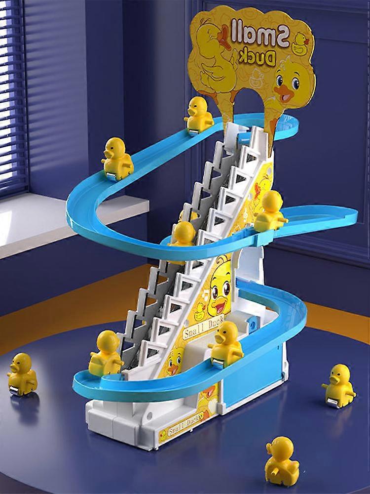 Ducks Climbing Toys,Electric Duck Climbing Stairs Tracks Slide Toy Set,Duck Roller Coaster Toy with Flashing Lights