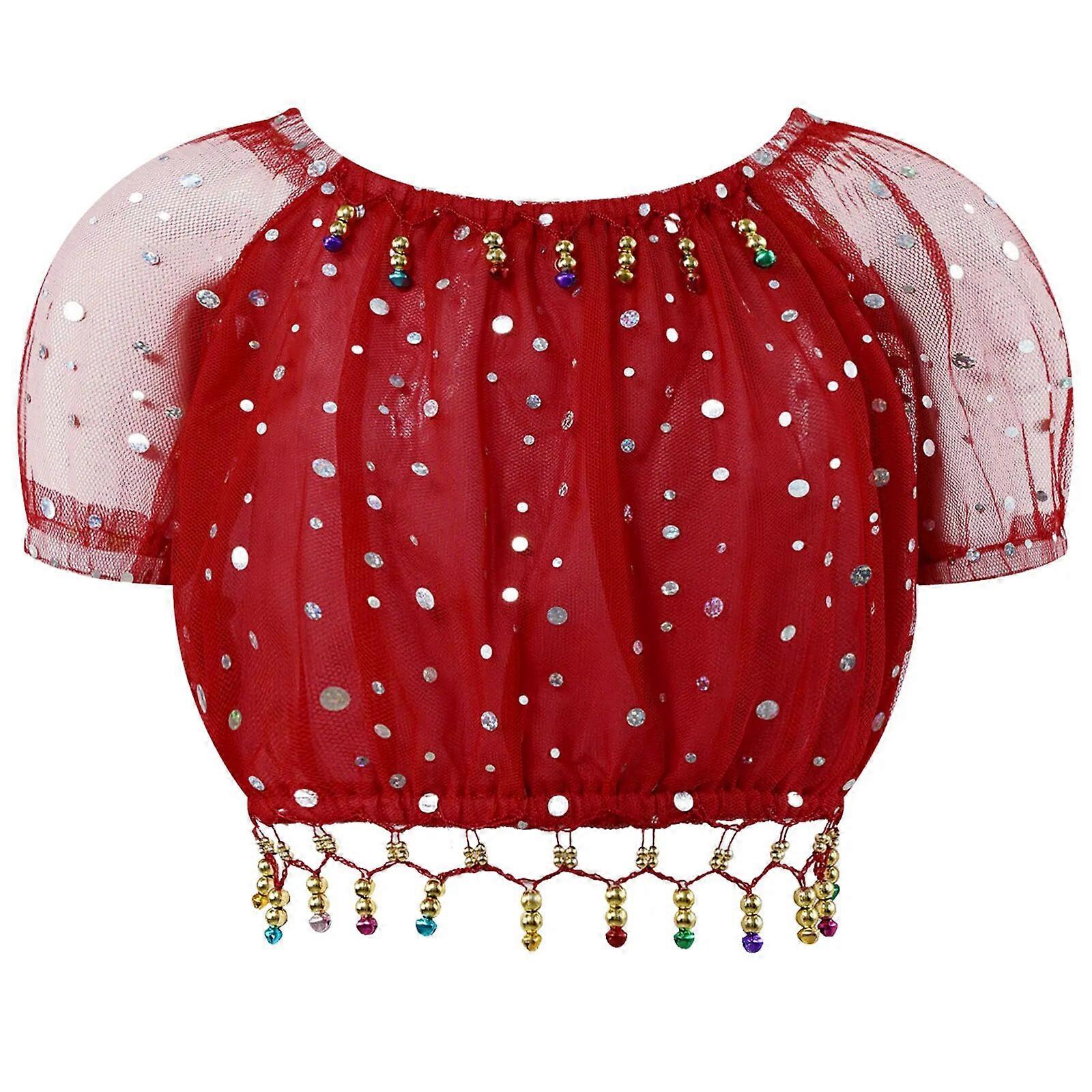أطفال بنات لامعة الترتر الرقص الشرقي قمم شبكة قصيرة الأكمام الخرز شرابة المحاصيل الأعلى ملابس أداء الرقص الهندي للأطفال