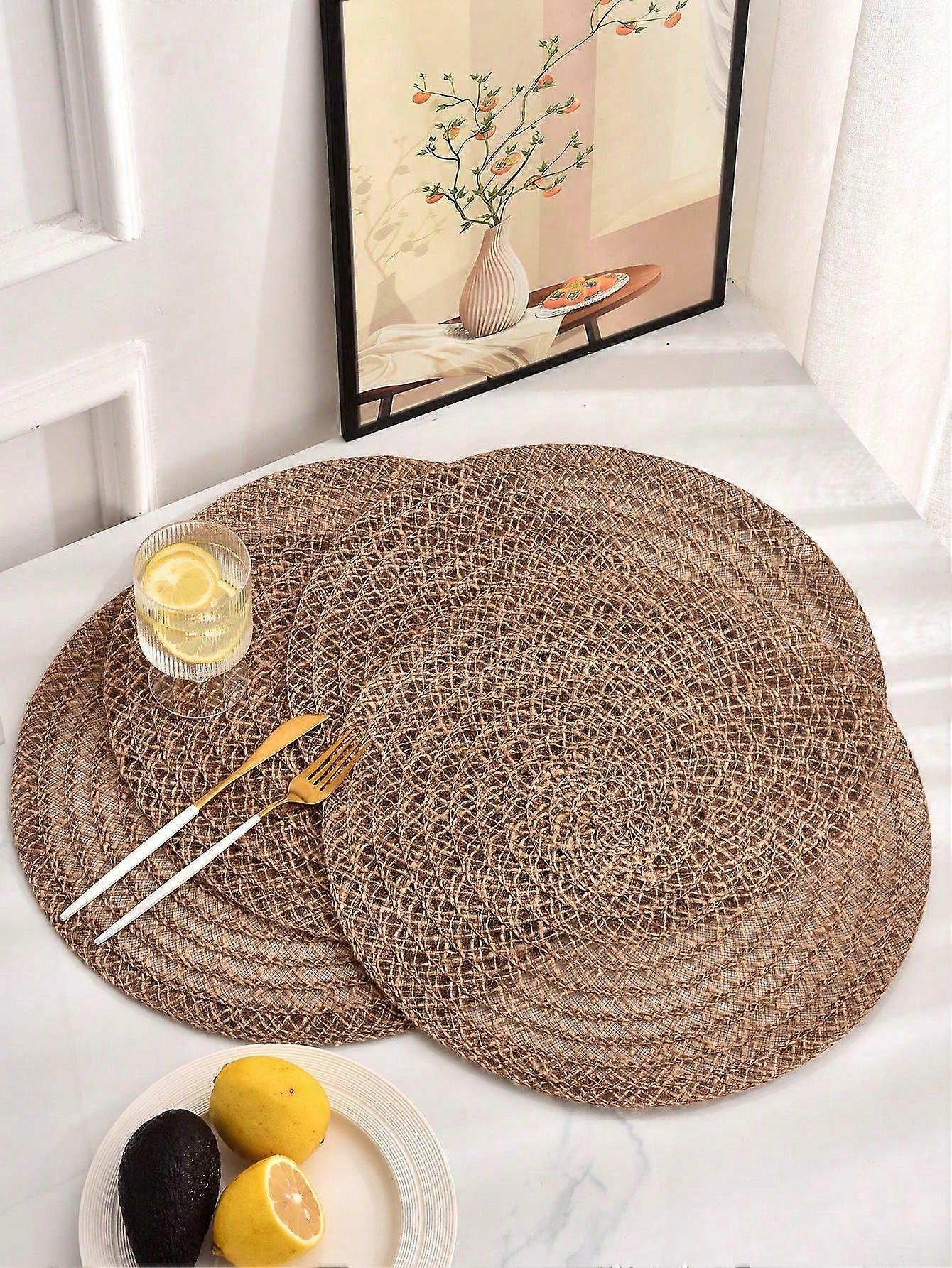 4pcs/set Straw Placemat, Creative Khaki Round Woven Table Mat For Dining Table