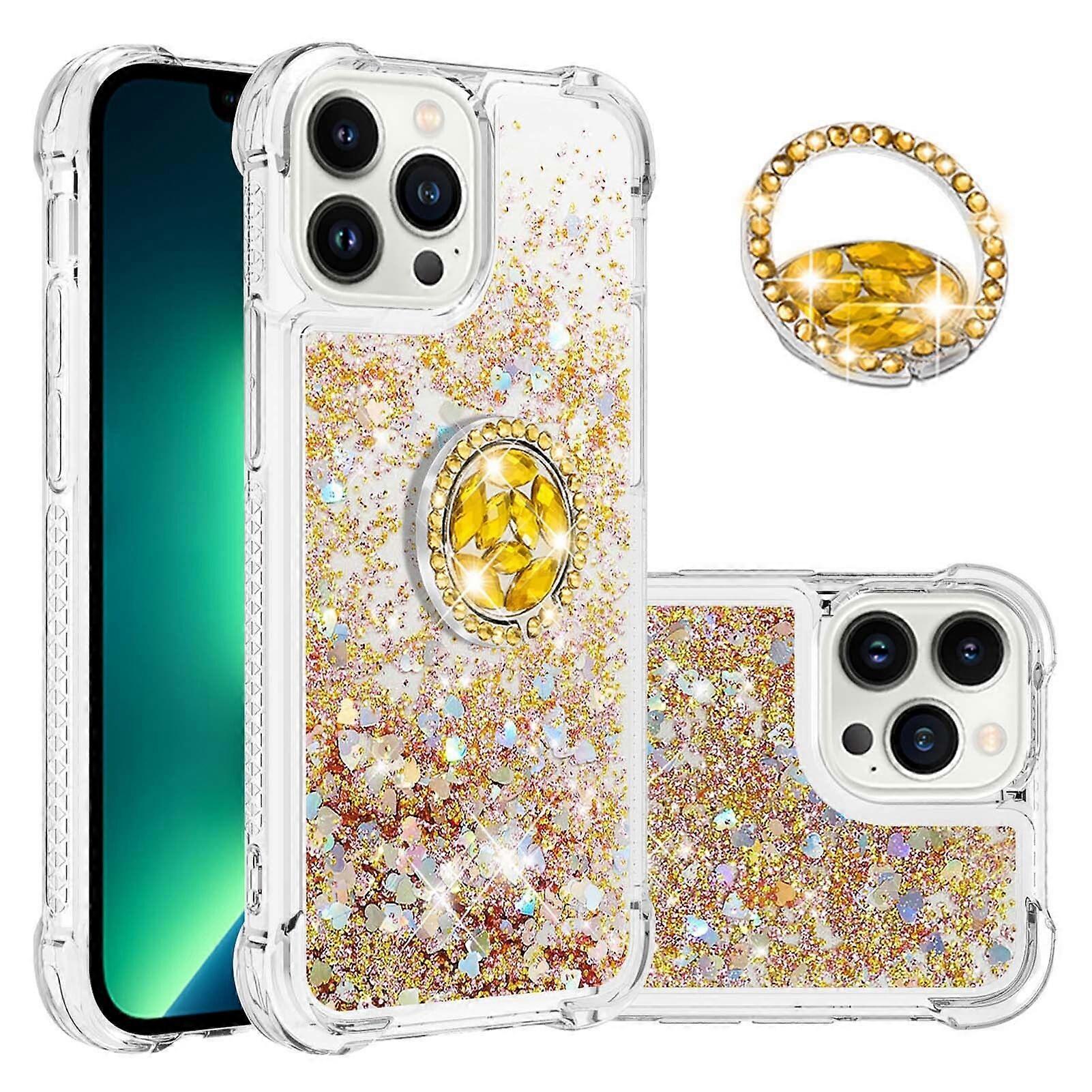 Case for iPhone 15 Pro Max Bling Flowing Liquid Floating Sparkle Glitter Bumper with Rotation Ring Kickstand Compatible with iPhone 15 Pro Max Case