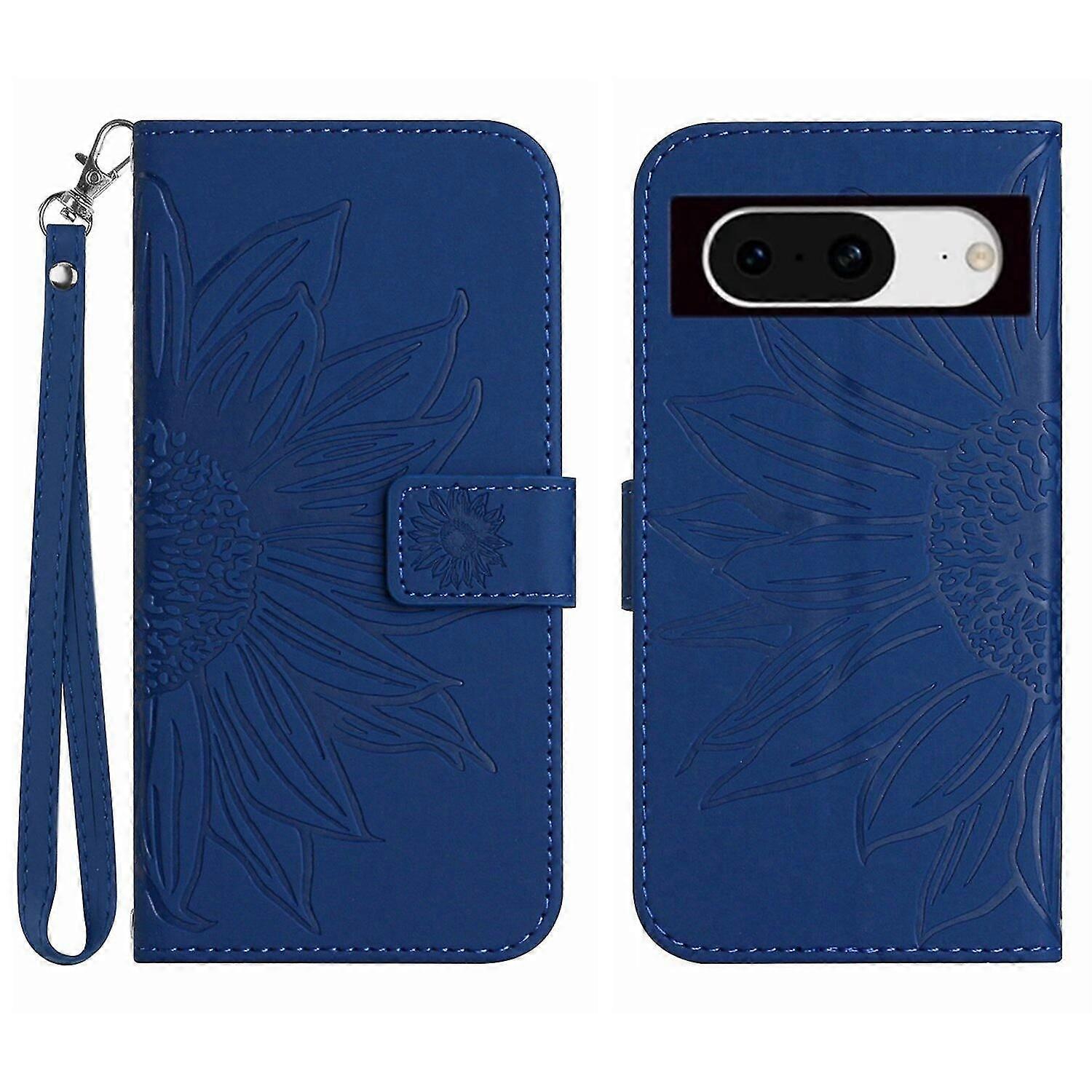FLOODKING Compatible With Google Pixel 8A Embossed Sunflower Magnetic Card Holder Wallet Phone Case with Short Strap