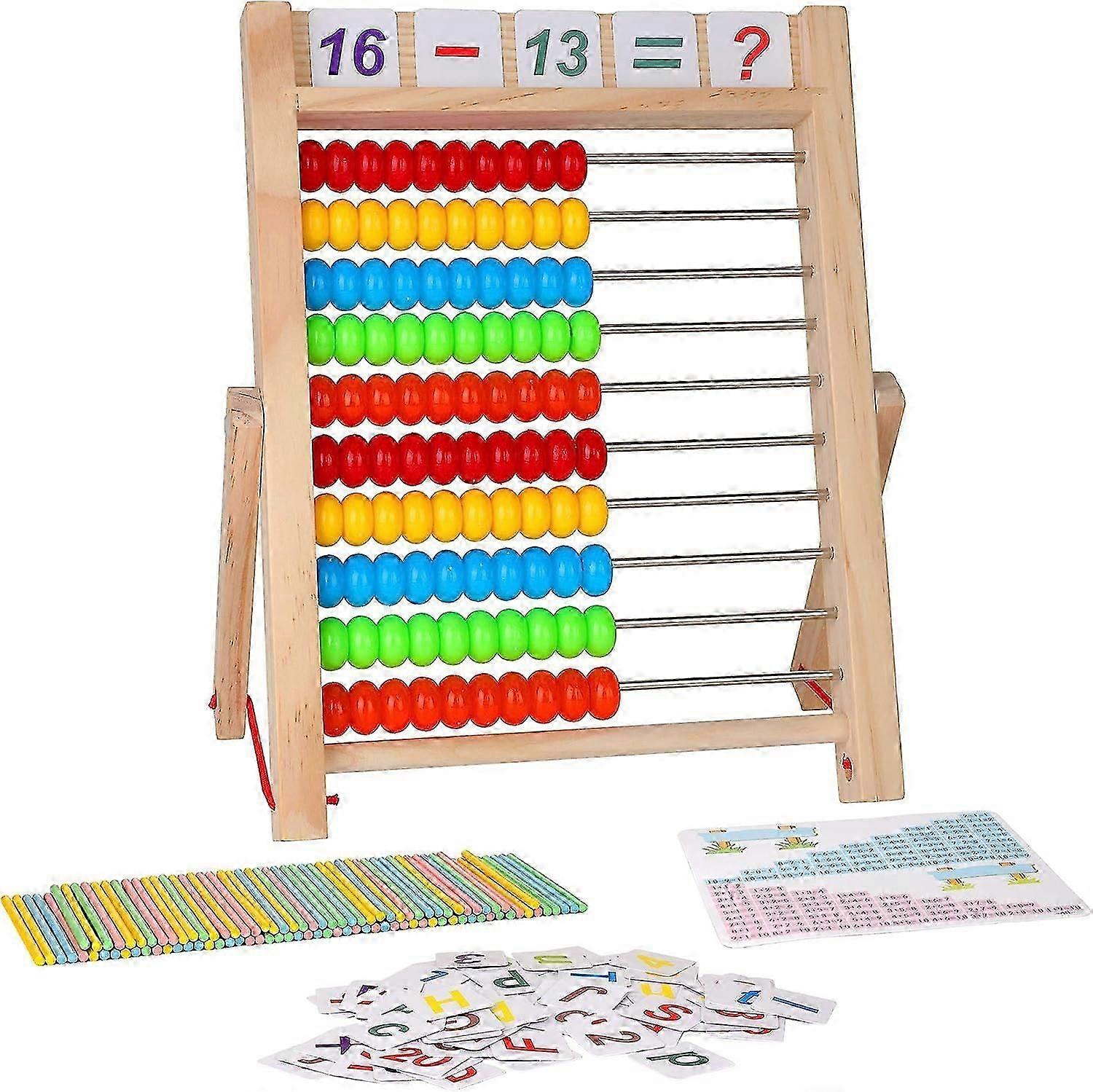 2025 Kids Learning Toy, 10-Row Wooden Frame Abacus with Multi-Color Beads, Counting Sticks, Number Alphabet Cards, Manipulative Math Calculating Tool