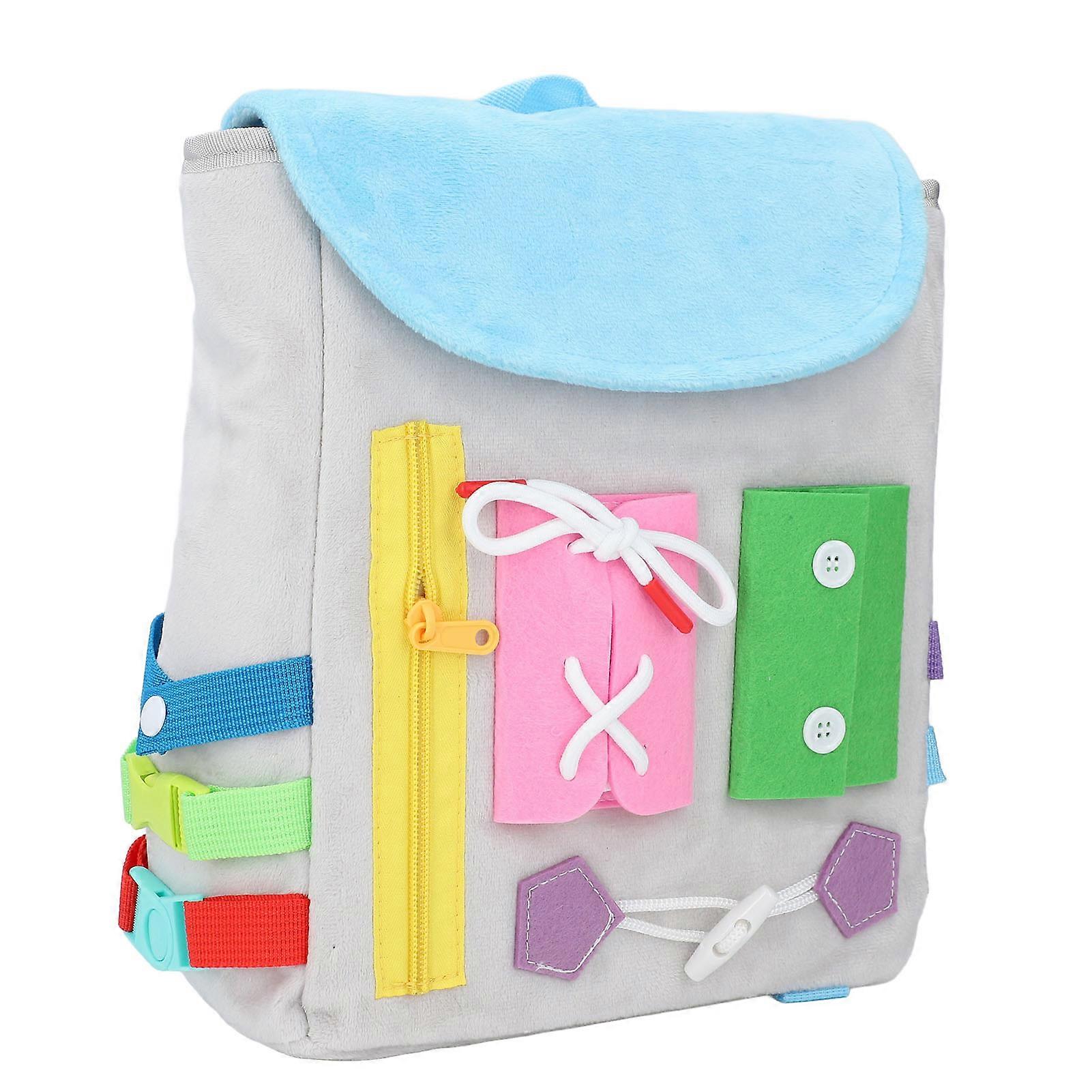 Kids Learning Backpack with Button Shoelace Buckle Zipper Toddler Schoolbag Sensory Toy for Early Education Development Blue