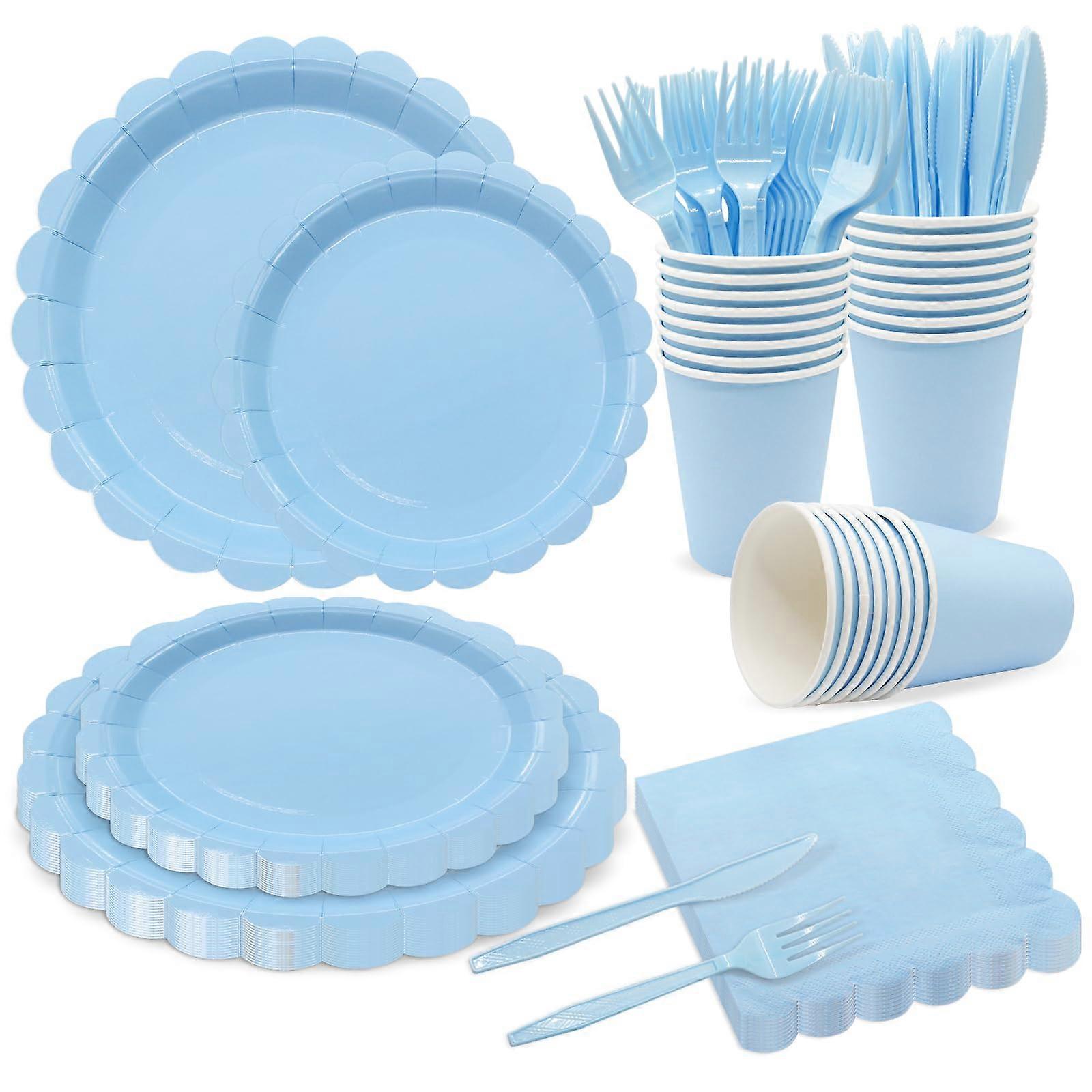 144PCS Blue Party Supplies Set with 24 Blue Paper Plates, Napkins, Cups, and Cutlery for Guests