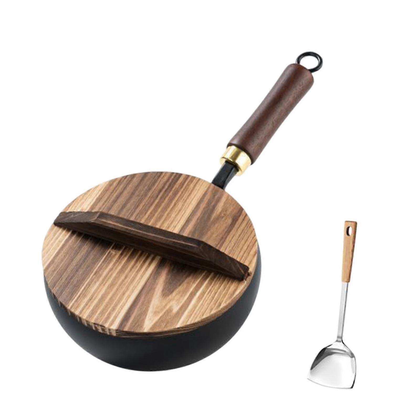 Cast Iron Wok Pan with Wooden Lid - Versatile, Easy-to-Clean Cookware for Stir-Fry, Frying