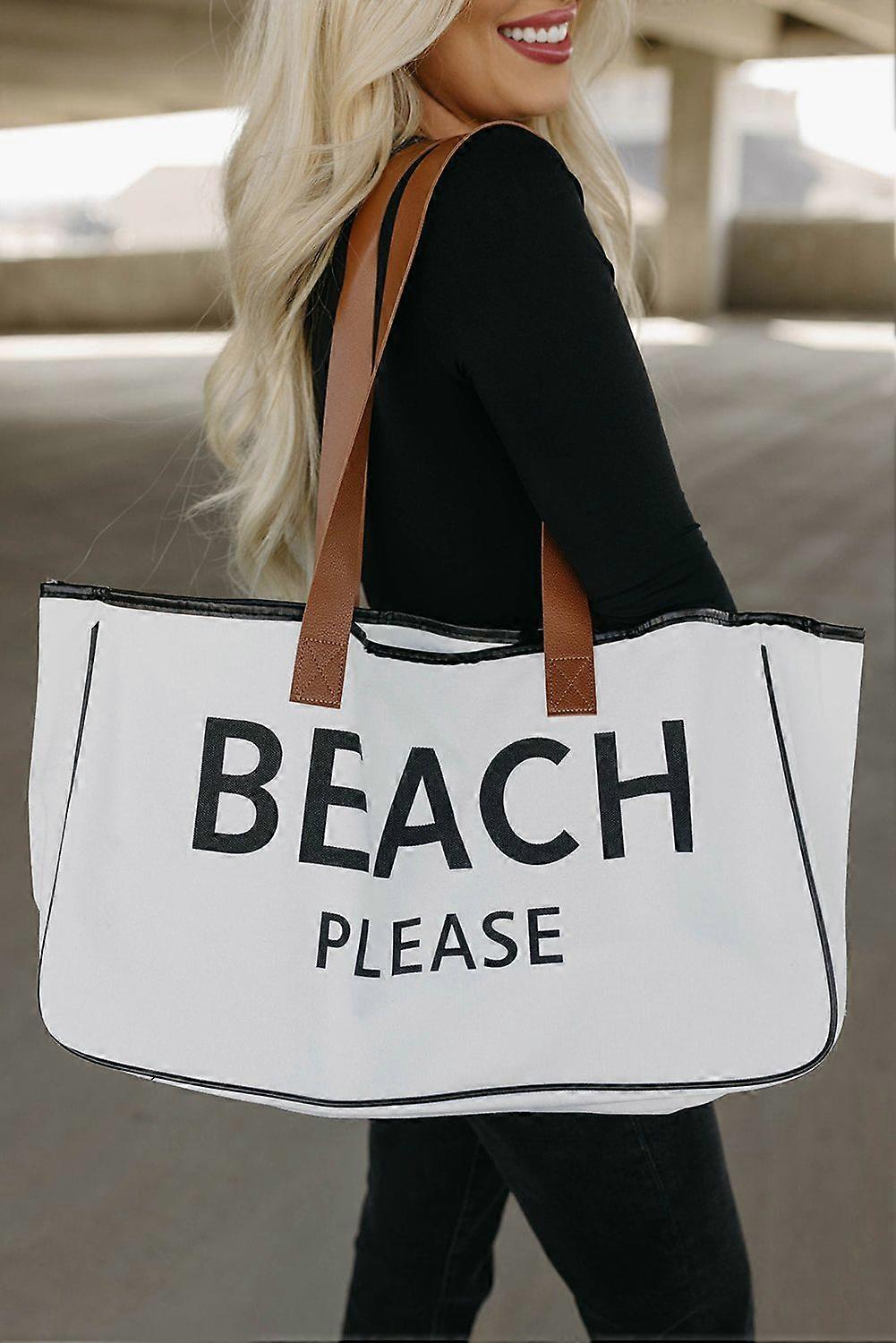 Women's White BEACH PLEASE Print Large Canvas Tote Bag