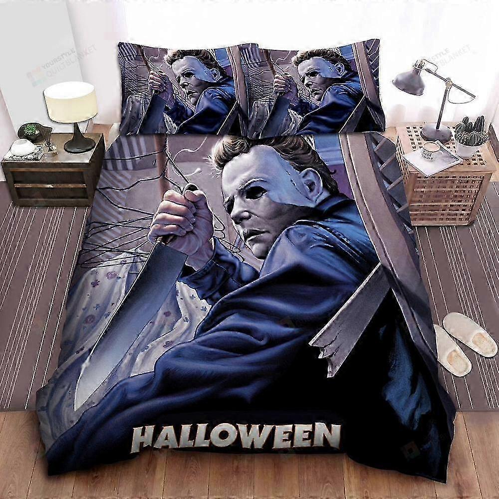Conjunto de Cama de 3 Peças com Arte da Série Halloween - Capa de Edredom e Fronhas para Fãs de Filmes de Terror, Inclui 1 Capa de Edredom e 2