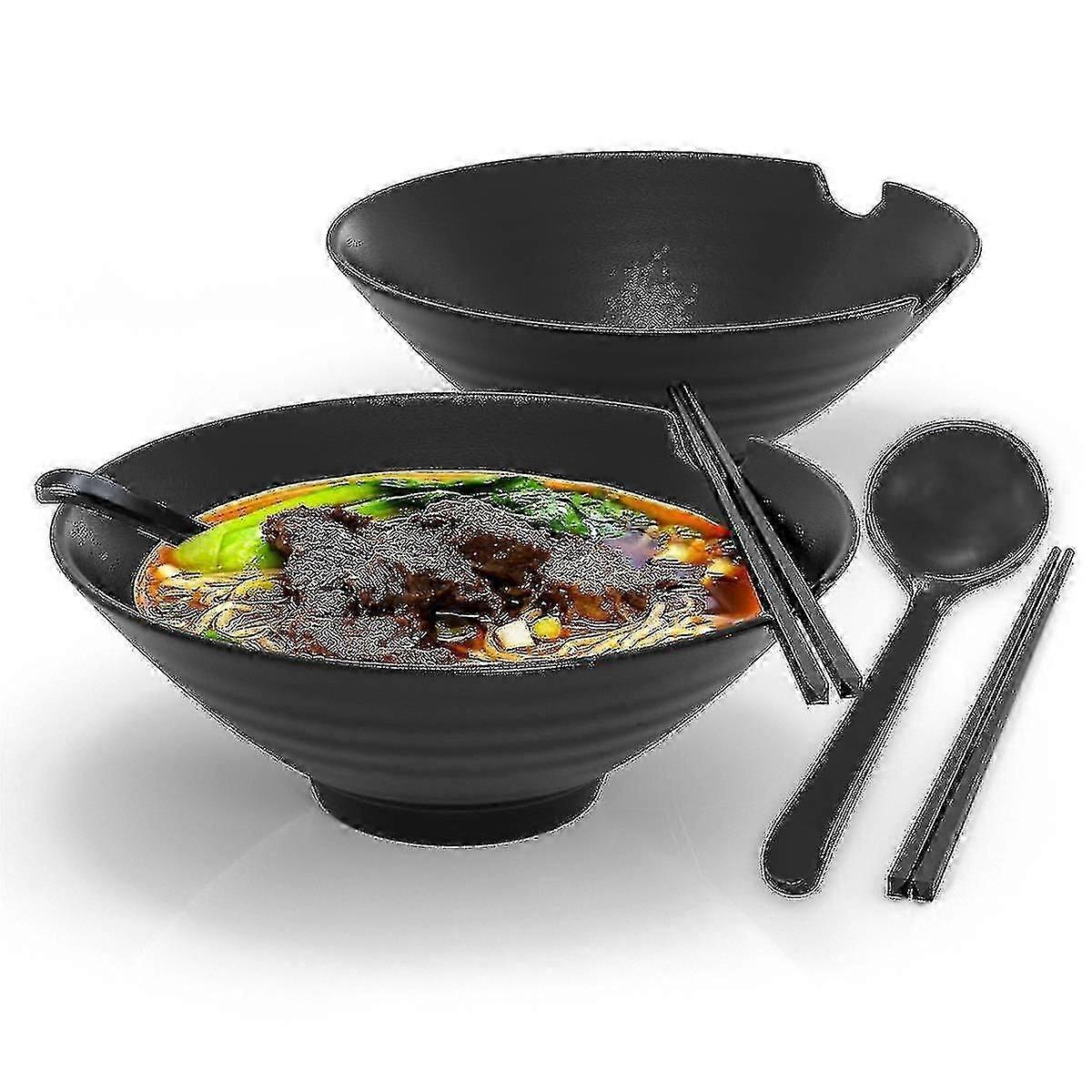 日本の伝統的なラーメン6点セット、容量1000ml、箸と黒のスプーンを含むセラミックボウル