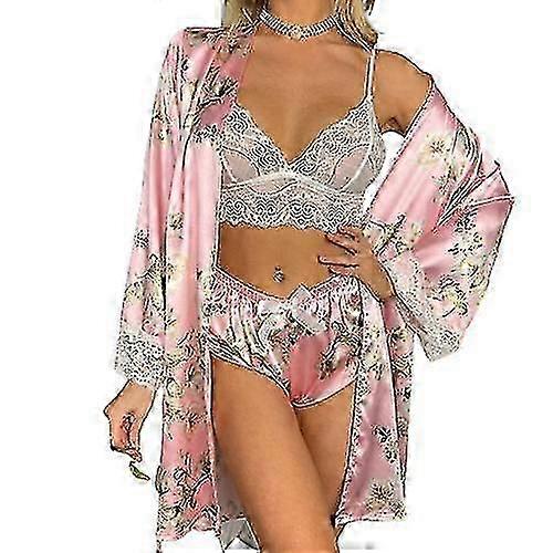 2025 여성용 새틴 잠옷 세트 3pcs 플로럴 레이스 잠옷