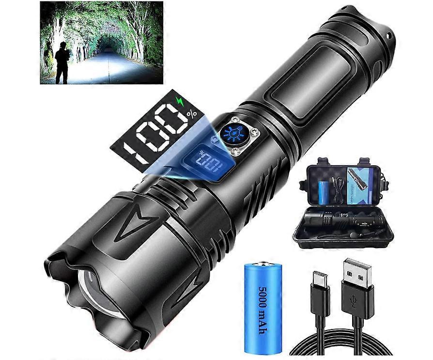Torches LED Rechargeable USB-C, Super Bright 100000 Lumens LED Torch, Battery Powered Powerful Flashlight, Zoomable, Waterproof, 5 Modes(Black)