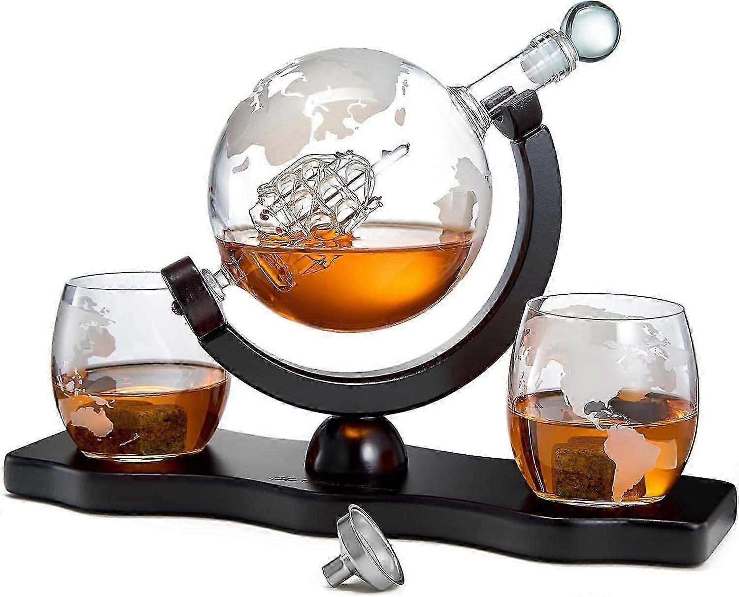Whisky and Wine Decanter Globe World Set with Globe Wine Glass, Scotch Whisky Bourbon Vodka, Gift for Men, Globe - 850ml